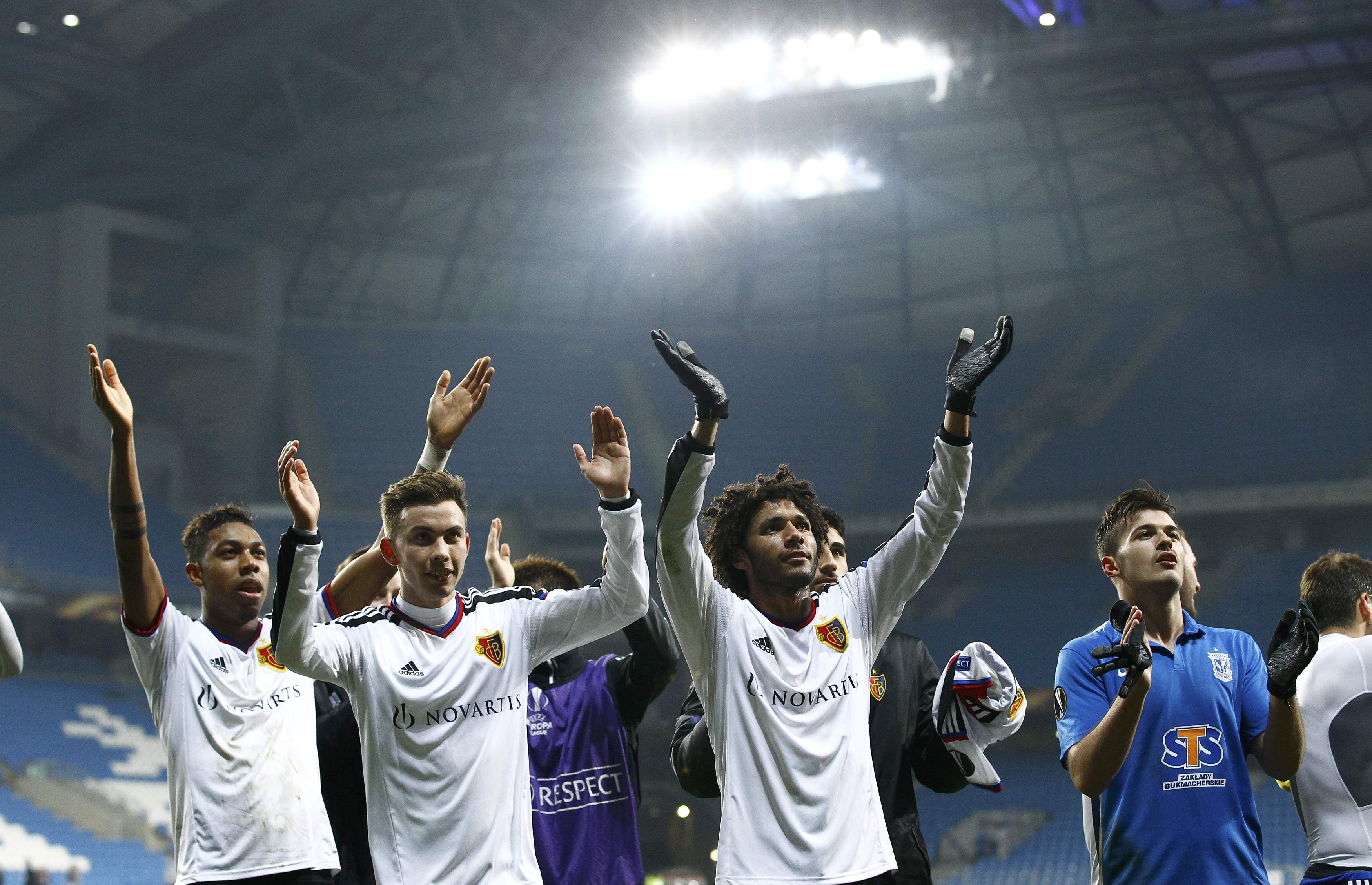Football - Lech Poznan v Basel - UEFA Europa League Group Stage - Group I - Miejski Arena, Vienna, Austria - 10/12/15 Basel player celebrate after the match REUTERS/Kacper Pempel