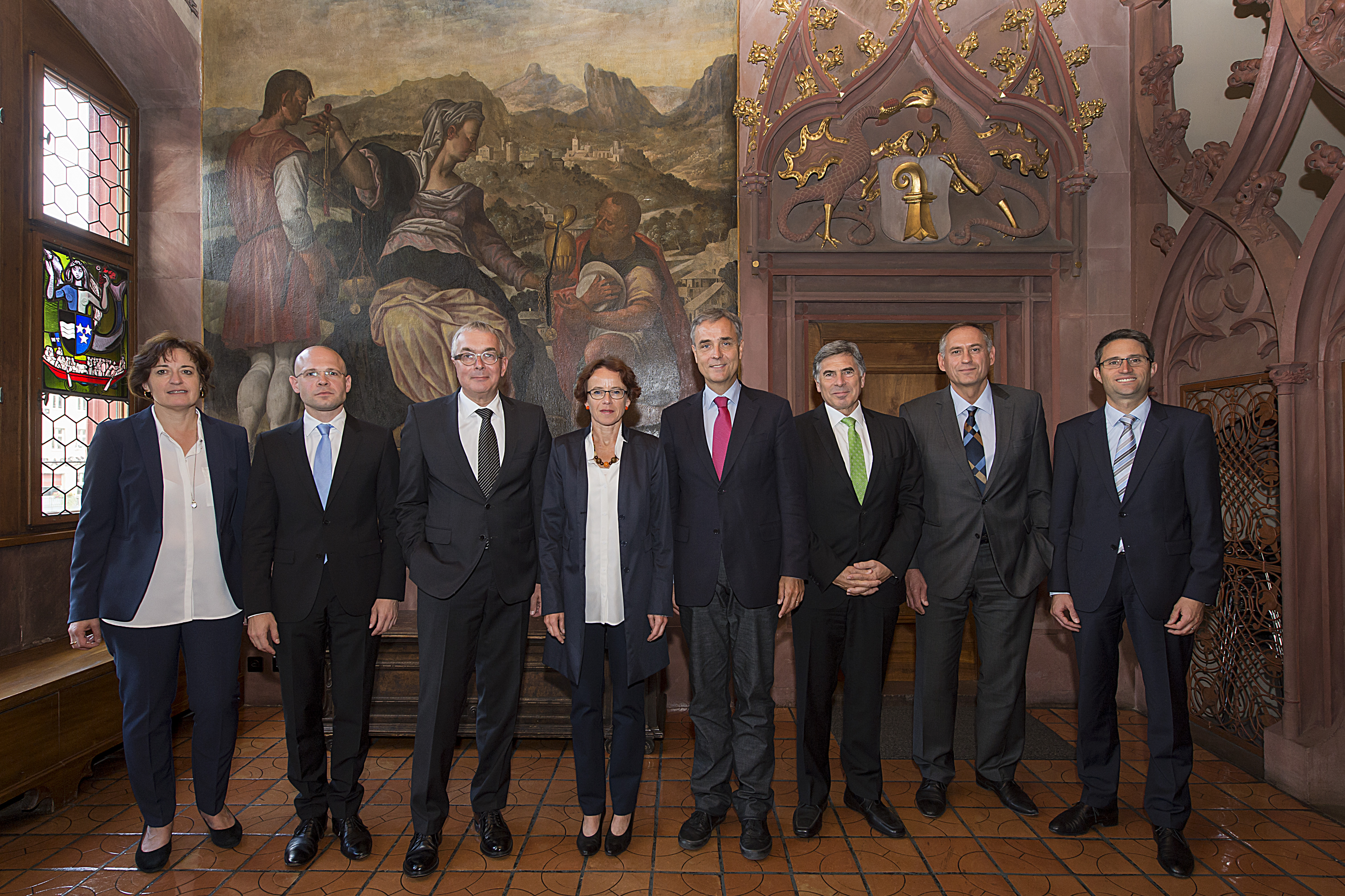 Diese Regierung wird es ab der Legislatur 2017 nicht mehr geben: Christoph Eymann (dritter von rechts) tritt zurück. Offen ist, ob dies auch Eva Herzog und Guy Morin tun werden.