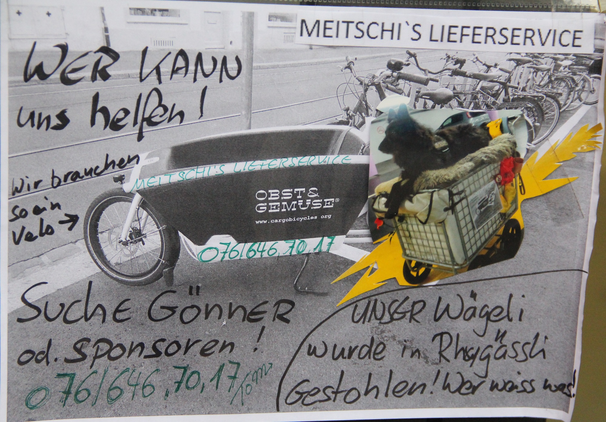 Mit diesem Plakat ist er auf der Suche nach Gönnern: Wer Tom Ricklin dabei unterstützen möchte, sein Wägeli wieder zu finden oder von einem günstigen Cargobike für seine Arbeit weiss, kann sich bei ihm melden - via Geschäftsnummer 076 646 70 17 oder direkt beim Drachen-Center.