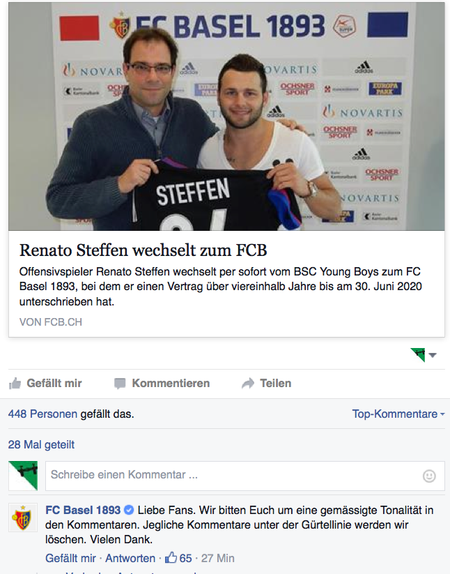 Mit einem Klick auf das Bild geht es zum Facebook-Account des FC Basel und den Kommentaren. Das Foto im Post zeigt FCB-Sportdirektor Georg Heitz mit Renato Steffen.
