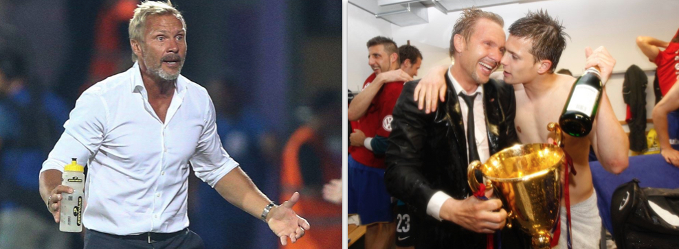 Thorsten Fink: 2015/16 in Wien und 2010 als Trainer des FC Basel im Arm von Valentin Stocker nach dem ersten Titelgewinn mit dem FCB.