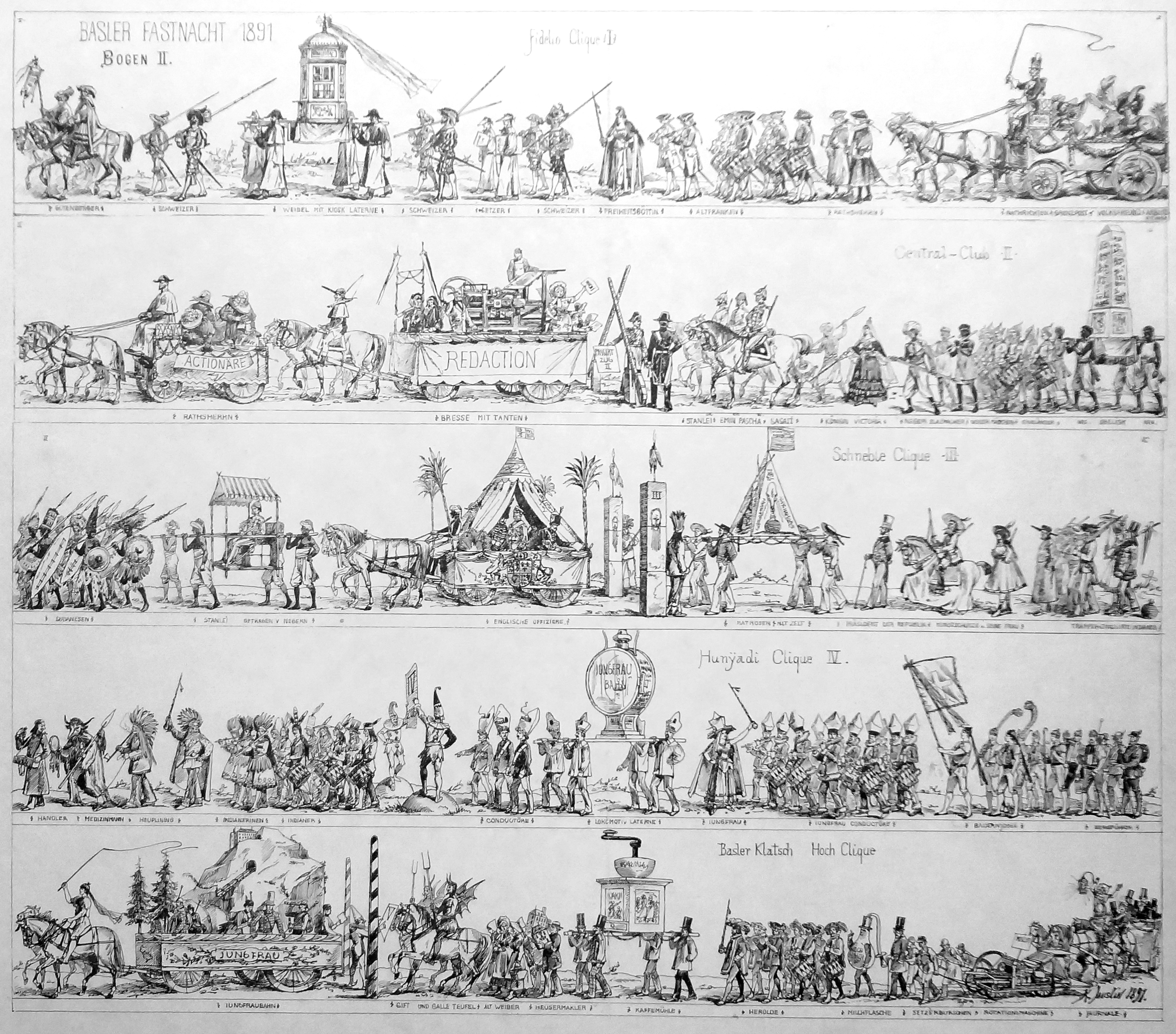 Zweiter Bogen des von Karl Jauslin gezeichneten Basler Fasnachtsumzugs 1891.