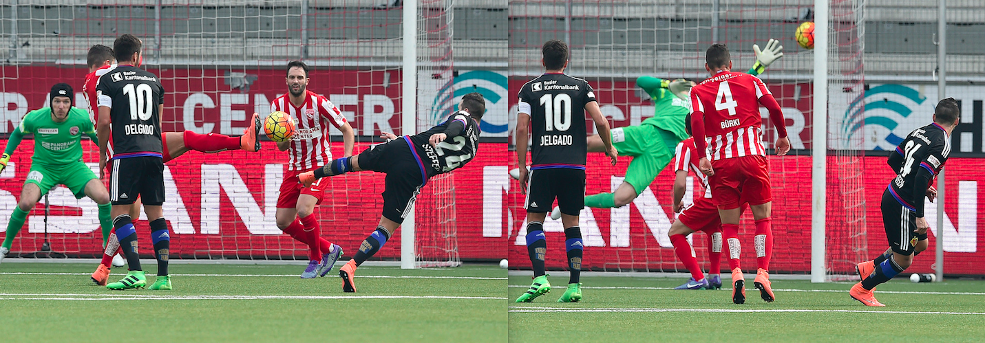 Das 1:1 durch Renato Steffen, links der Schuss, rechts der Moment des Glücks.