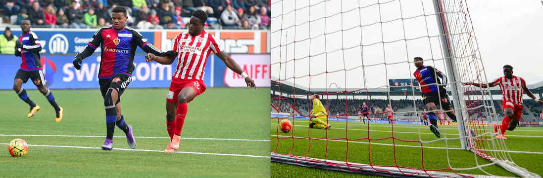 Das 1:0 durch Rigde Munsy, links der Abgelenkte Ball, rechts der Ansatz zum Jubel.