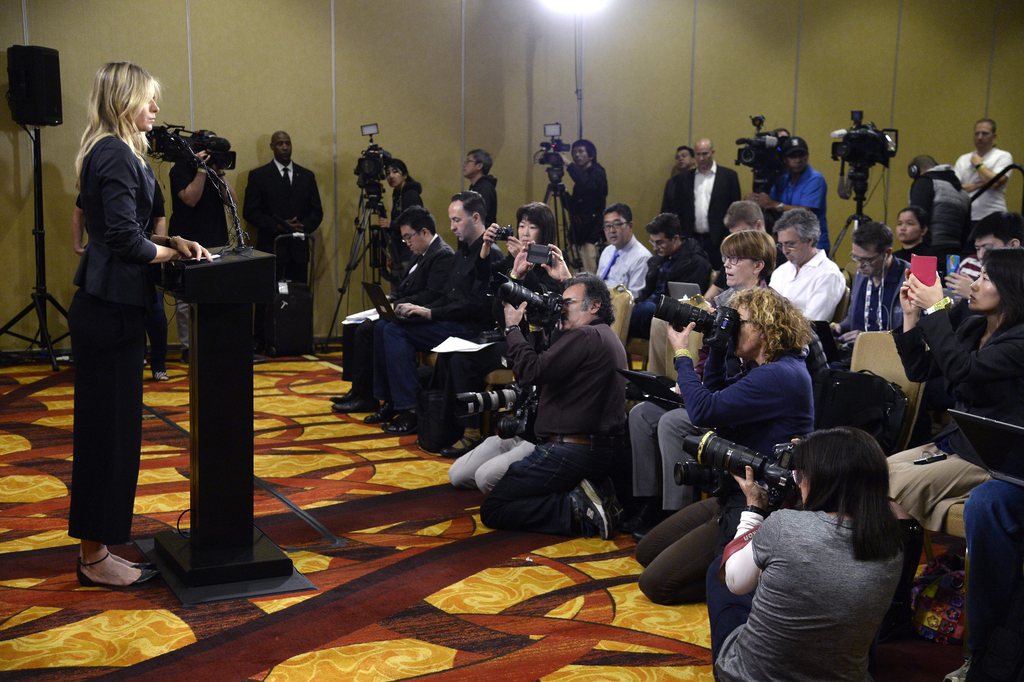 epaselect epa05200020 Russian tennis player Maria Sharapova (L) at a press conference where she announced that she failed a drug test after being tested positive for Meldonium at the Australian Open at a press conference at the LA Downtown Hotel in Los Angeles, California, USA, 07 March 2016. The anti-ischemic drug 'Meldonium' has been added to the latest list of forbidden susbtances issued by the World Anti Doping Agency (WADA), which has added caffeine and nicotine to substances it is monitoring. EPA/MIKE NELSON