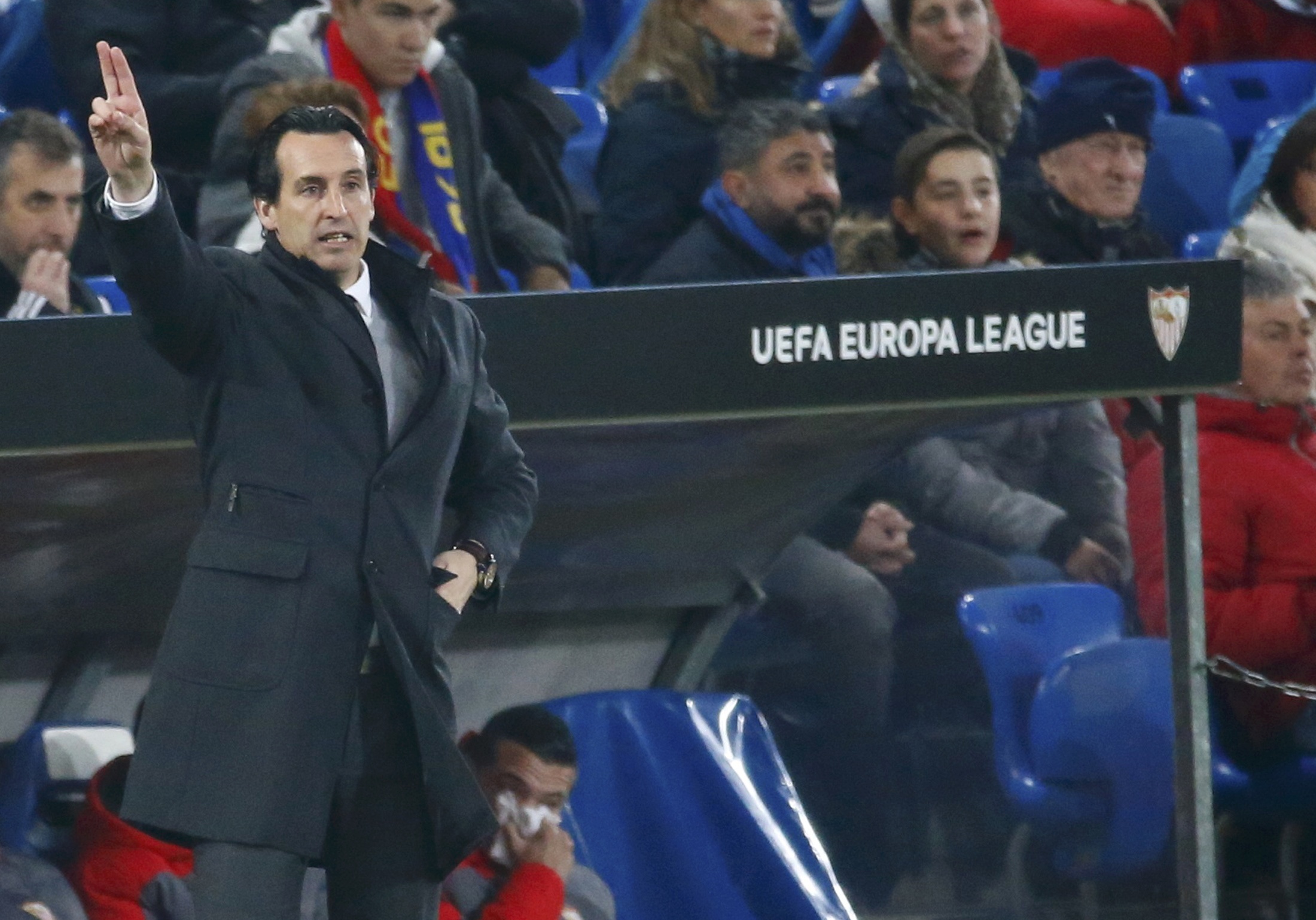 Football Soccer - Basel v Seville - UEFA Europa League R 16 - St. Jakob Park stadium, Basel, Switzerland - 10/03/2016 FC Sevilla's coach Unai Emery gestures against FC Basel REUTERS/Ruben Sprich