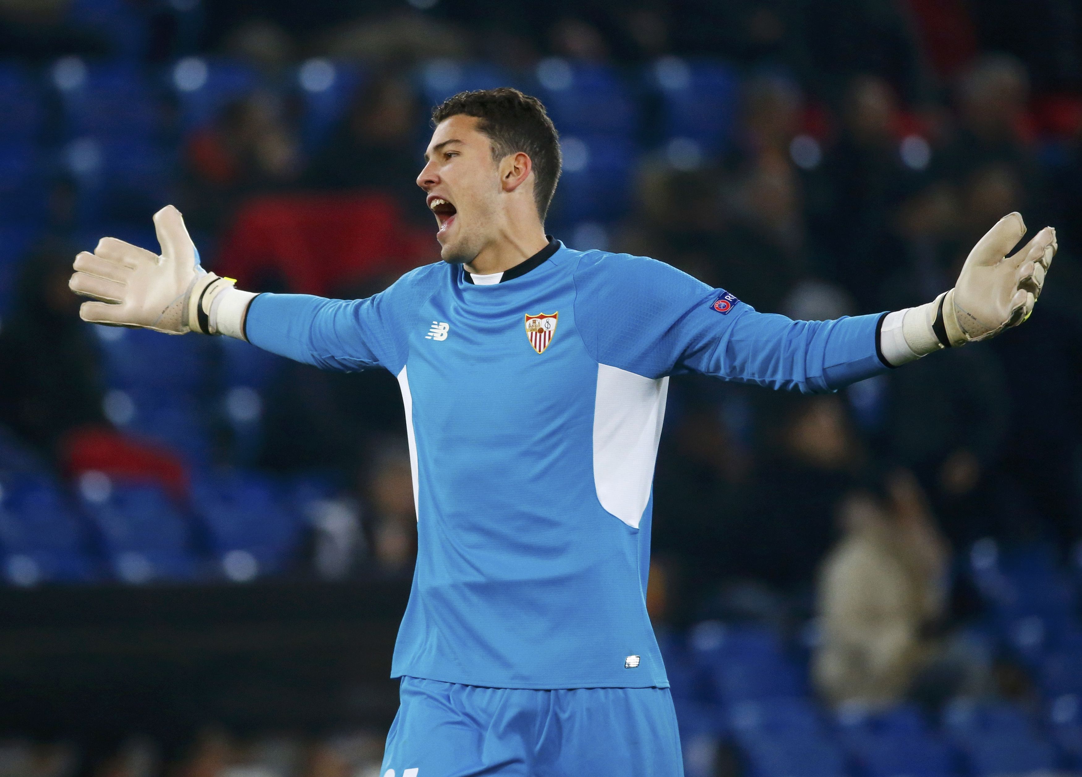 Football Soccer - Basel v Seville - UEFA Europa League R 16 - St. Jakob Park stadium, Basel, Switzerland - 10/03/2016 FC Sevilla's goalkeeper David Soria reacts against FC Basel REUTERS/Ruben Sprich