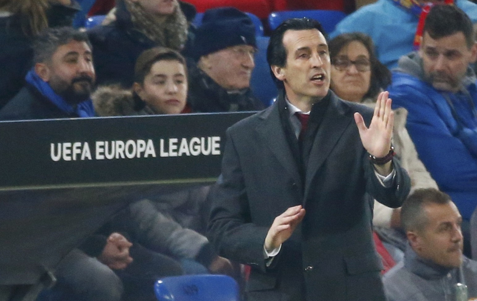 Football Soccer - Basel v Seville - UEFA Europa League R 16 - St. Jakob Park stadium, Basel, Switzerland - 10/03/2016 FC Sevilla's coach Unai Emery gestures against FC Basel REUTERS/Ruben Sprich