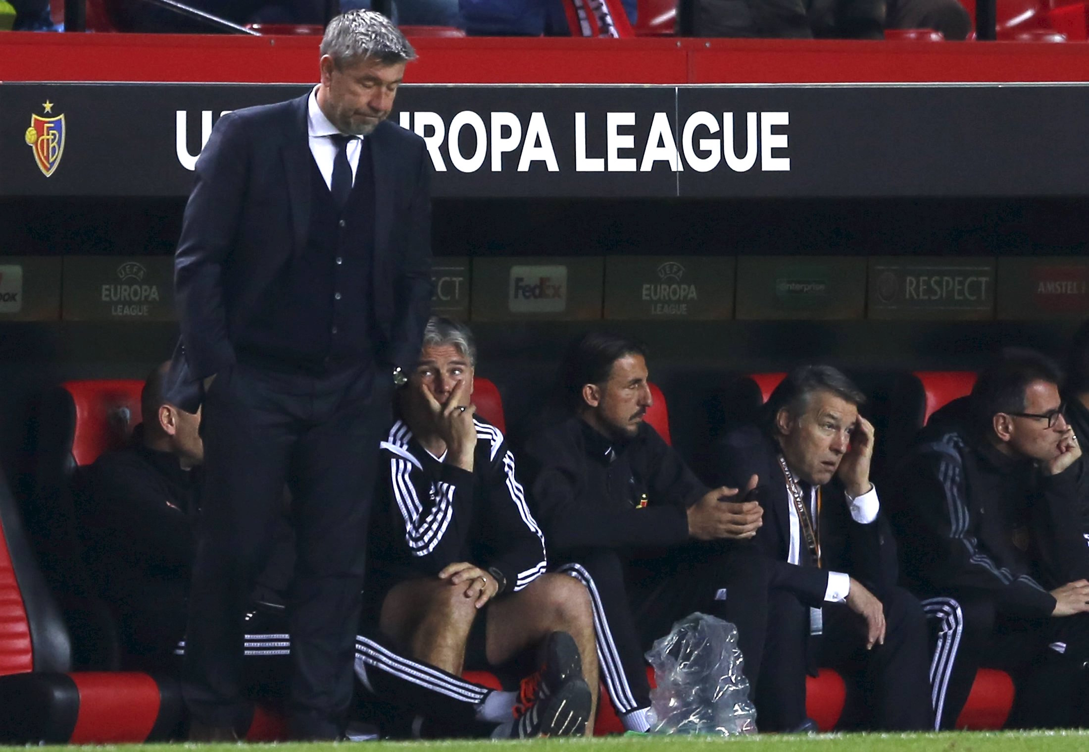 Football Soccer - Sevilla v Basel- UEFA Europa League Round of 16 Second Leg - Ramon Sanchez Pizjuan stadium, Seville - 17/3/16 FC Basel's coach Urs Fischer reacts against Sevilla. REUTERS / Marcelo del Pozo