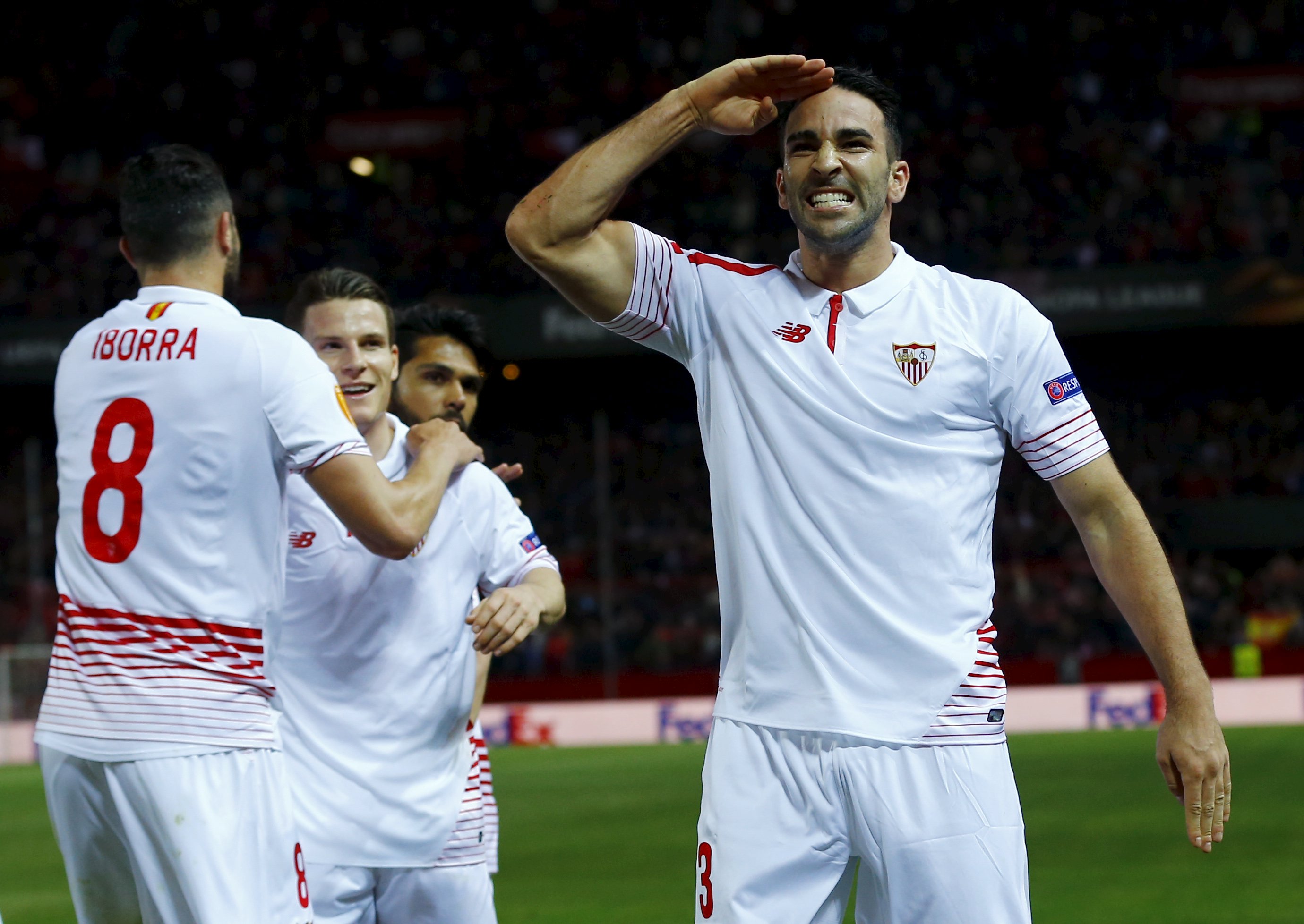 Football Soccer - Sevilla v Basel- UEFA Europa League Round of 16 Second Leg - Ramon Sanchez Pizjuan stadium, Seville - 17/3/16 Sevilla's Adil Rami (R) celebrates after scoring against FC Basel. REUTERS / Marcelo del Pozo