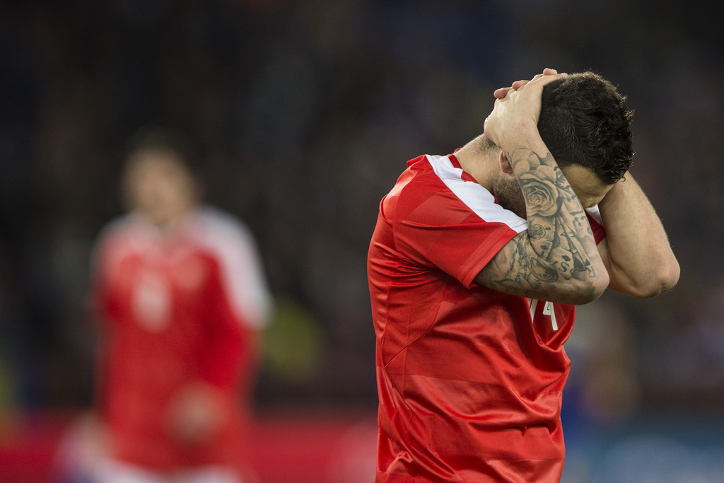 Swiss midfielder Renato Steffen reacts during the friendly soccer match between Switzerland and Bosnia Herzegovina at the Letzigrund Stadium in Zurich, Switzerland, Tuesday, March 29, 2016. (KEYSTONE/Ennio Leanza)