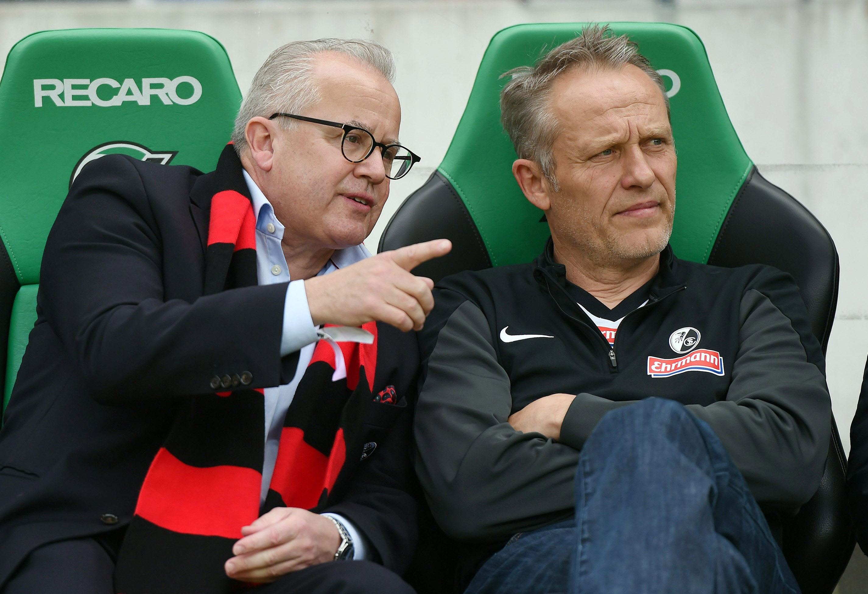 23.05.2015; Hannover; Fussball Bundesliga - Hannover 96 - SC Freiburg; (von links:) Praesident Fritz Keller, Trainer Christian Streich (Freiburg) (Tay Duc Lam/Witters/freshfocus)