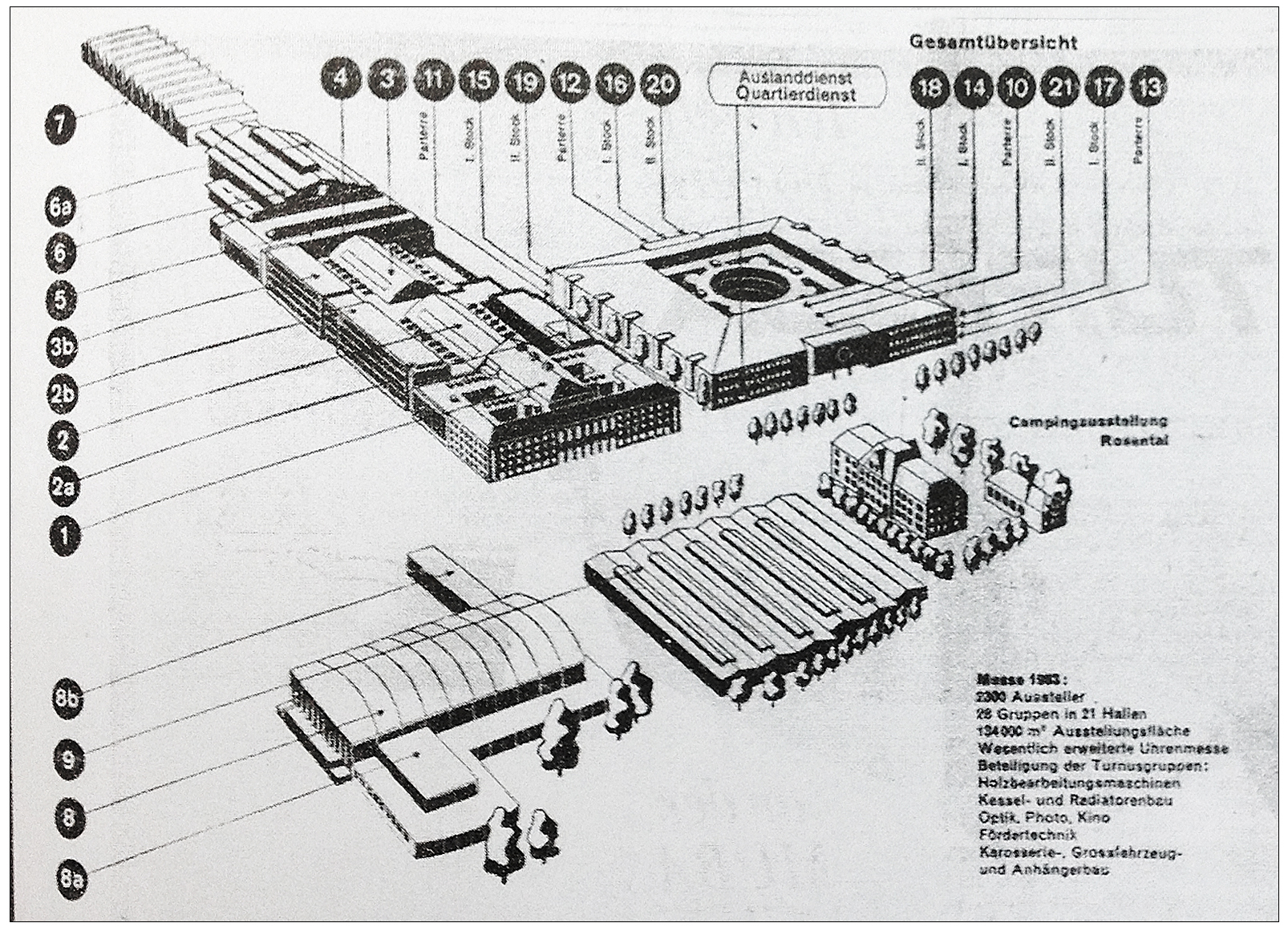 Die 21 Messehallen der Schweizer Mustermesse im Jahr 1963.