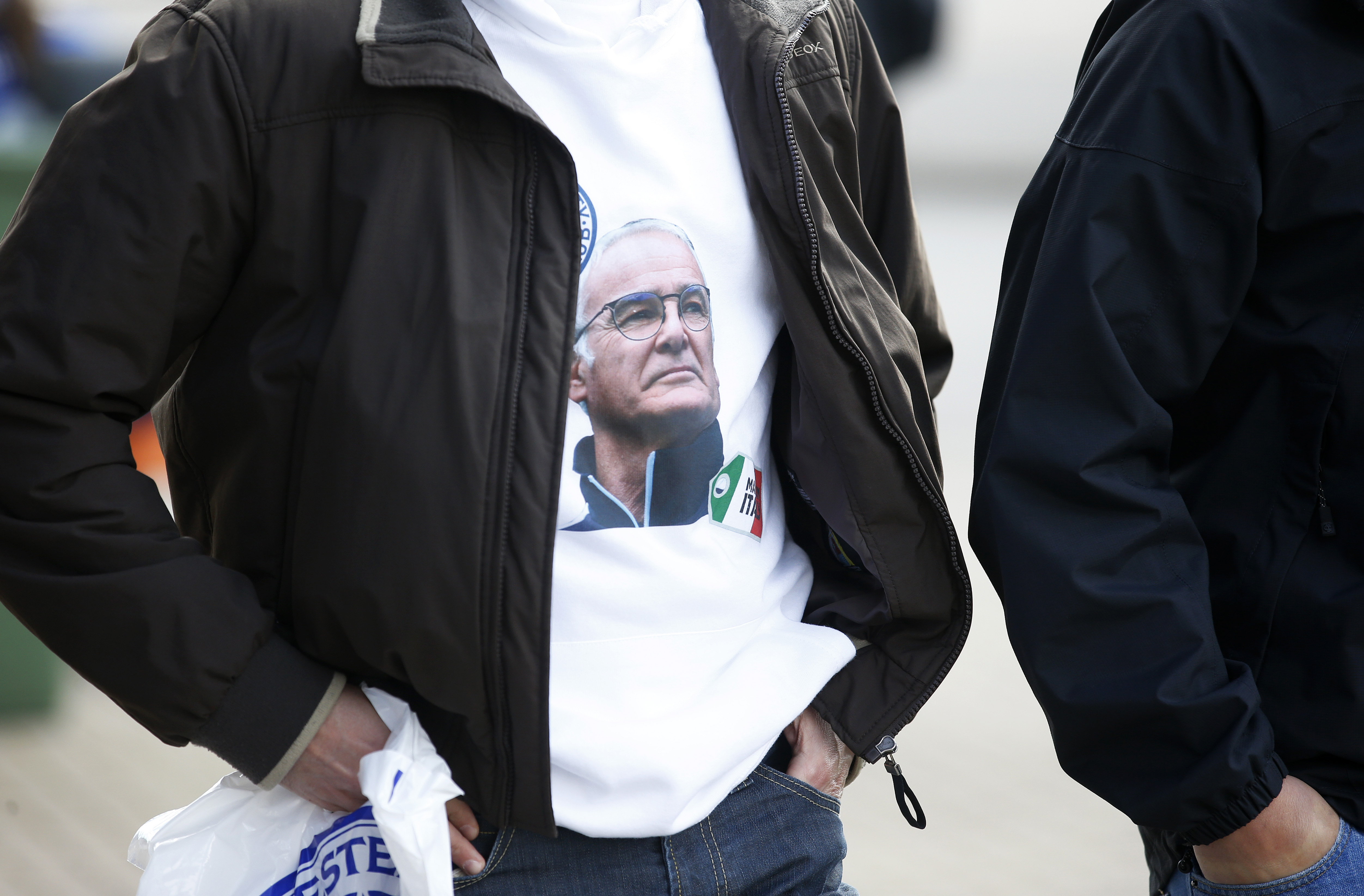 Football Soccer - Leicester City v West Ham United - Barclays Premier League - The King Power Stadium - 17/4/16 A t shirt with Leicester manager Claudio Ranieri on it before the match Action Images via Reuters / Carl Recine Livepic EDITORIAL USE ONLY. No use with unauthorized audio, video, data, fixture lists, club/league logos or 