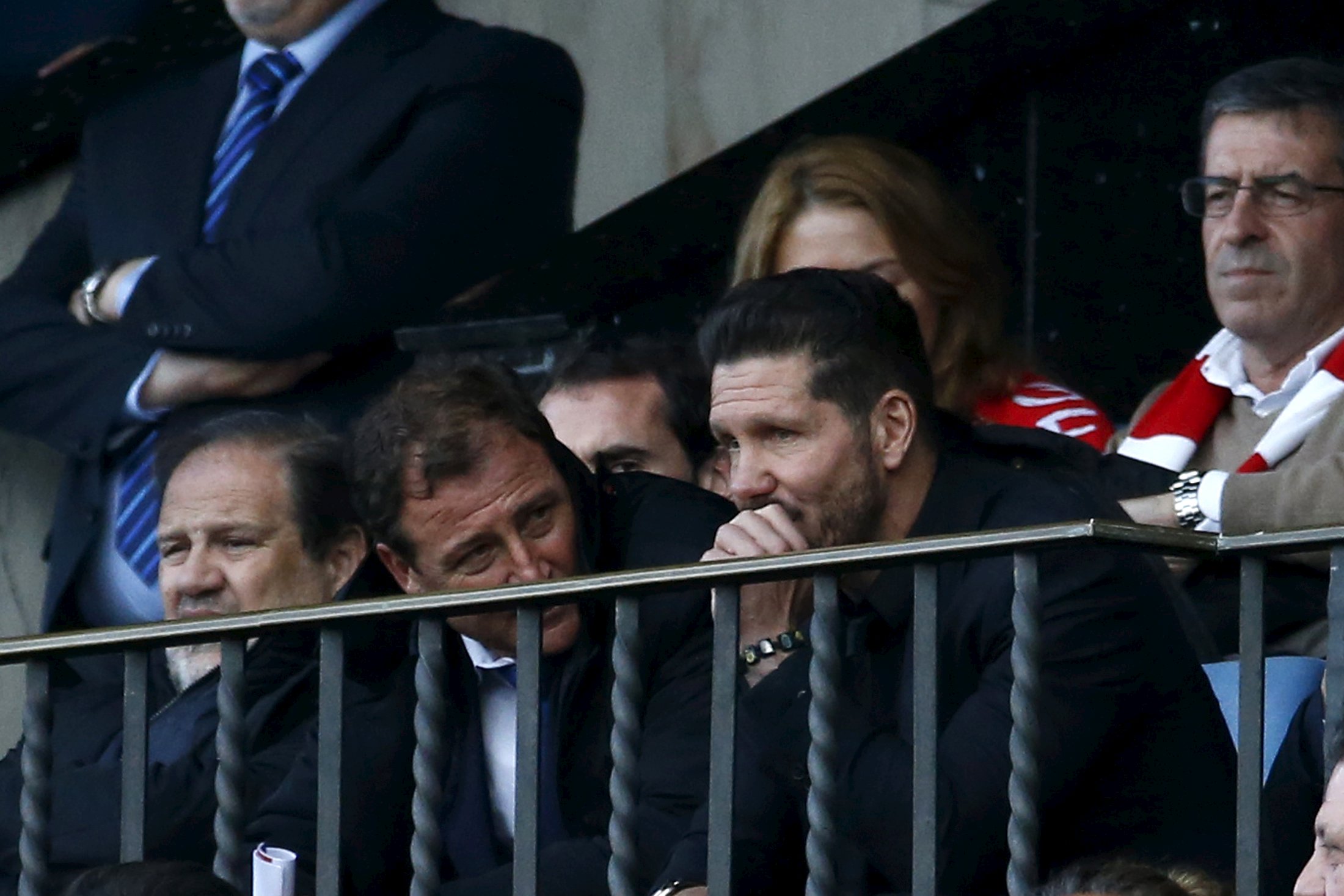Football Soccer - Spanish Liga BBVA- Atletico Madrid v Malaga - Vicente Calderon stadium, Spain - 23/04/16. Atletico Madrid's coach Diego Simeone sits in the tribune during the match. REUTERS/Juan Medina