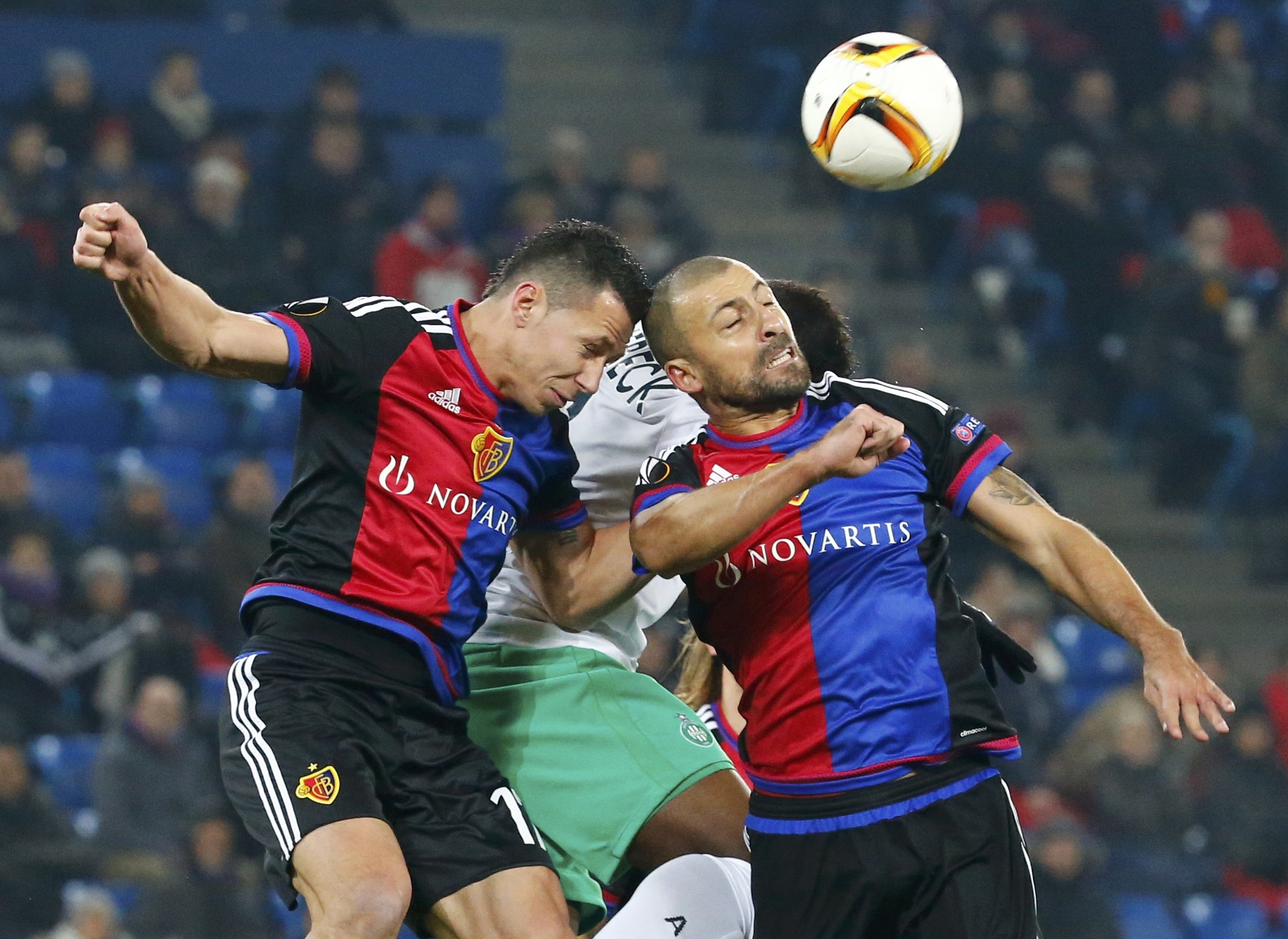 Football Soccer - Basel v St-Etienne - UEFA Europa League round 32 2nd leg - St. Jakob Park stadium, Basel, Switzerland - 25/02/2016 FC Basel's Marek Suchy and Walter Samuel in action against St. Etienne's Jean-Christophe Bahebeck REUTERS/Ruben Sprich