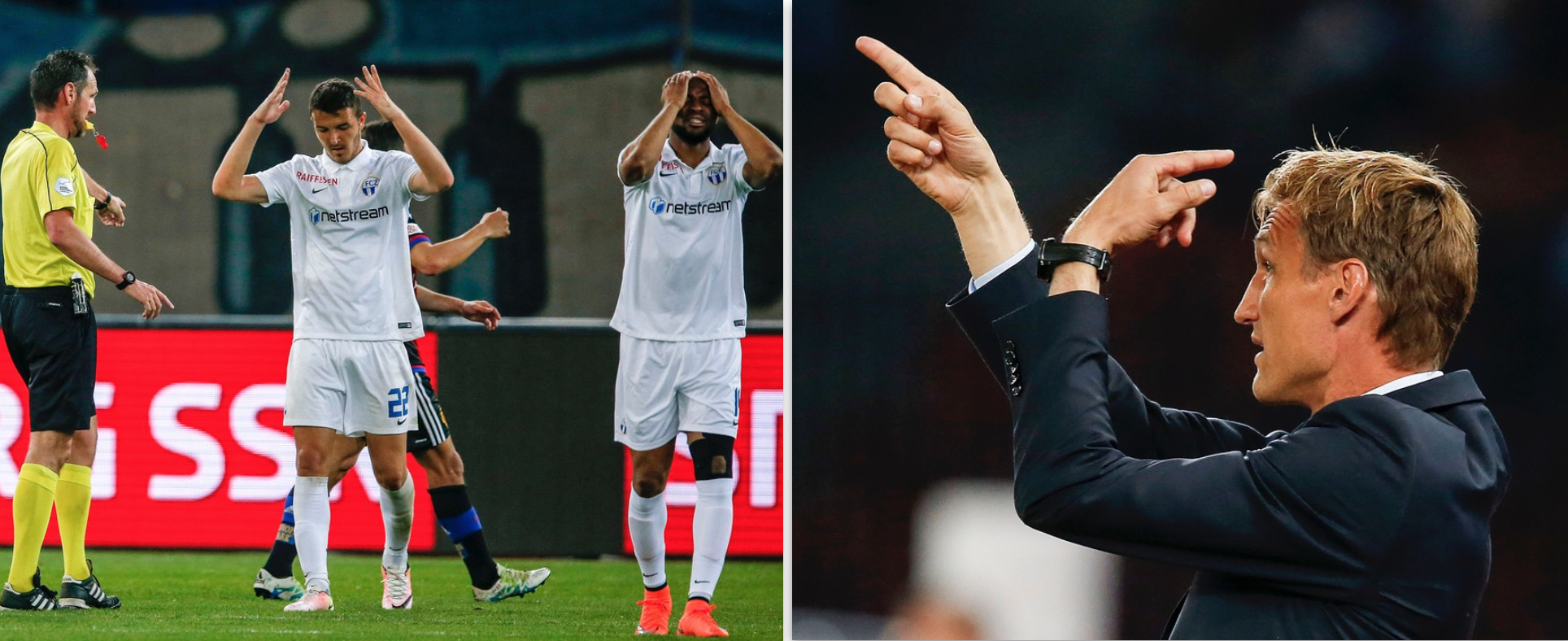 Bilder, die Bände sprechen: Die Reaktion der FCZ-Spieler, als Schiedsrichter Hänni in der 87. Minute auf den Penaltypunkt zeigt. Rechts Trainer Sami Hyypiä.