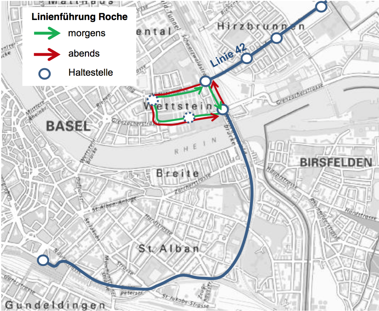Eine Sofortmassnahme zur Entlastung des Wettsteinquartiers: Der neue Direktbus vom Roche-Areal zum Bahnhof SBB ab Dezember 2016.