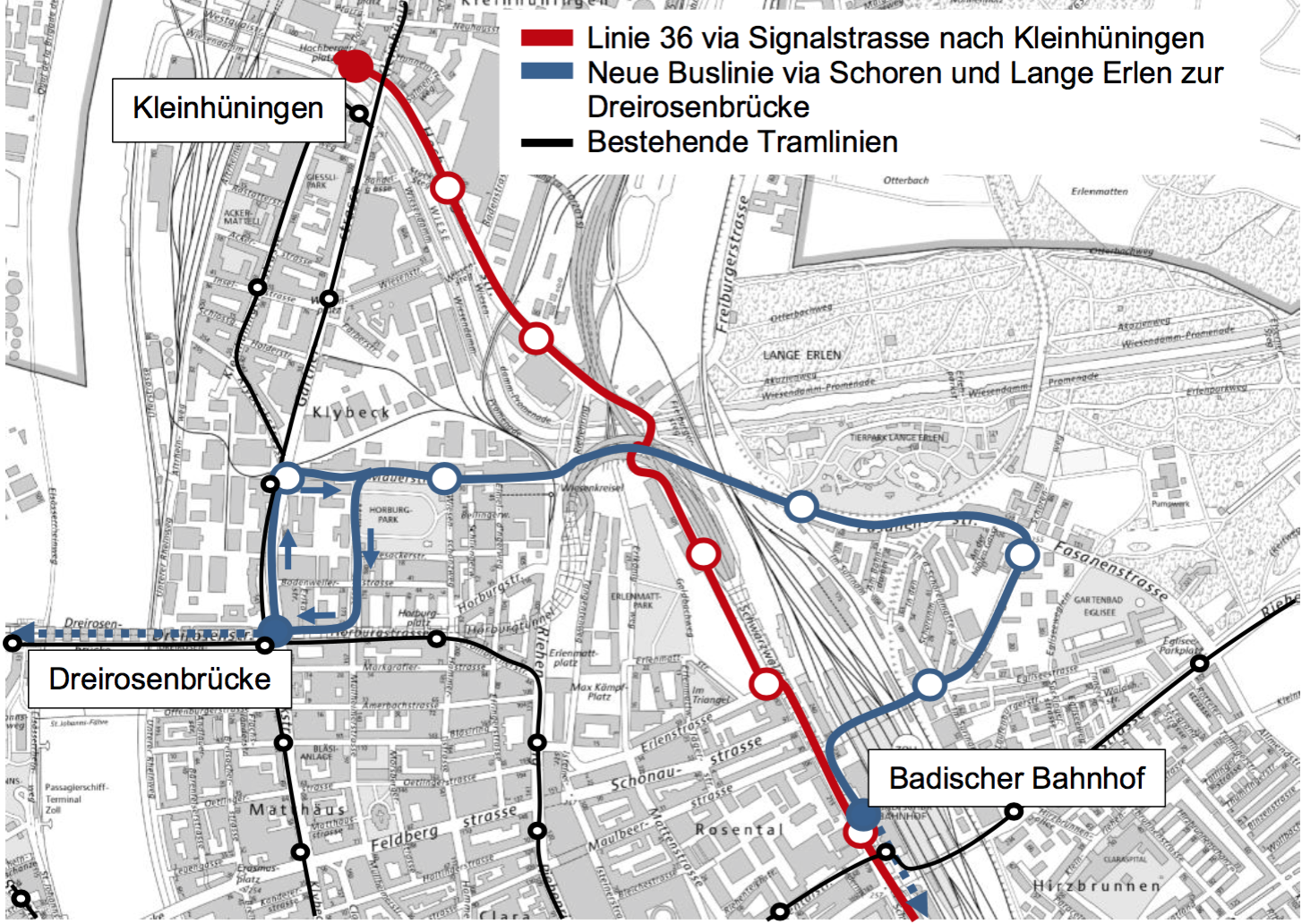 Die neue Linienführung der Buslinie 36 und die neue Buslinie 46 sollen ab 2018 die Anschlüsse des Erlenmatt- und des Schorenquartiers an das ÖV-Netz verbessern.