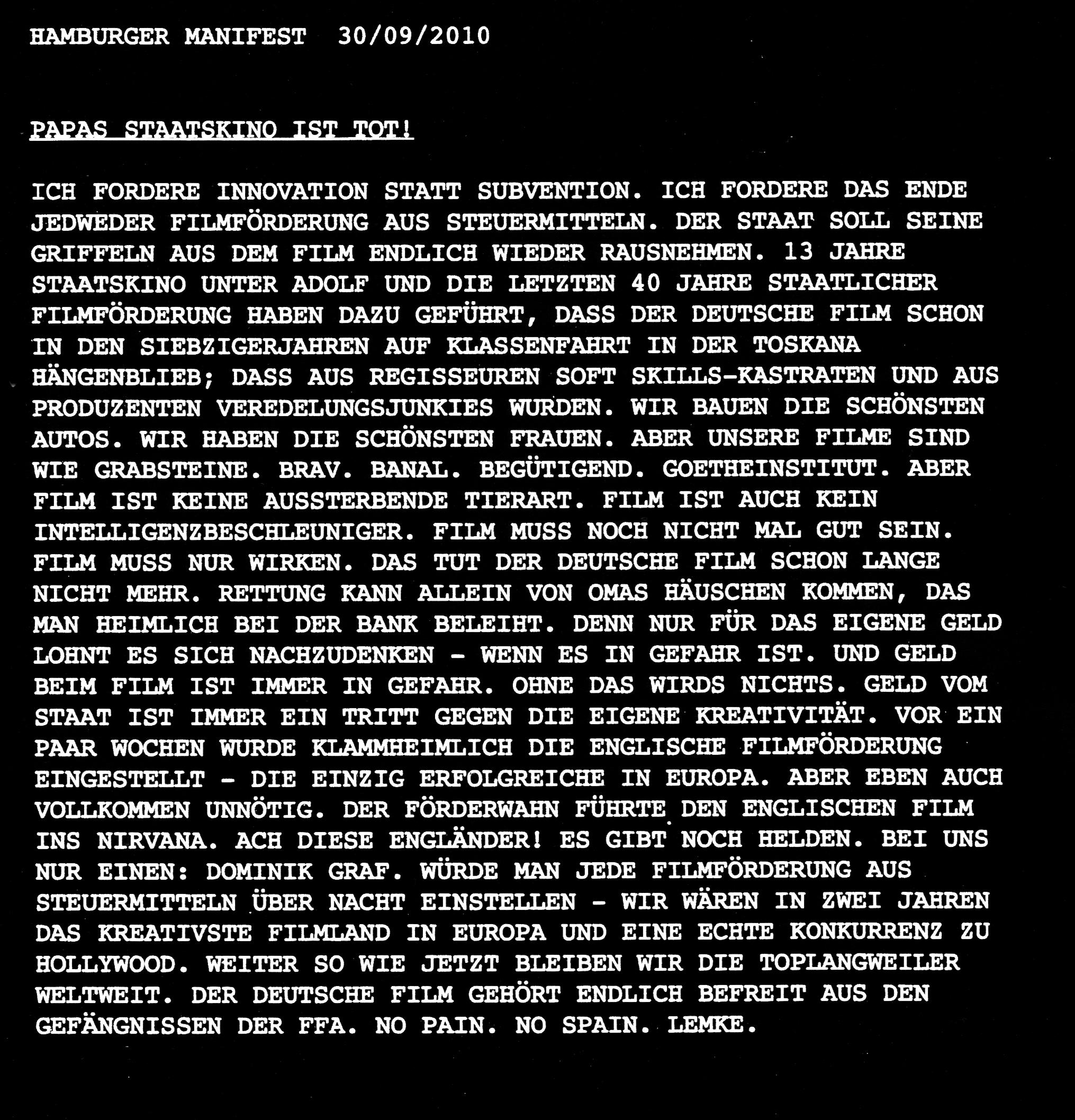«Baby, das sind grosse Sätze»: Klaus Lemkes Hamburger Manifest.