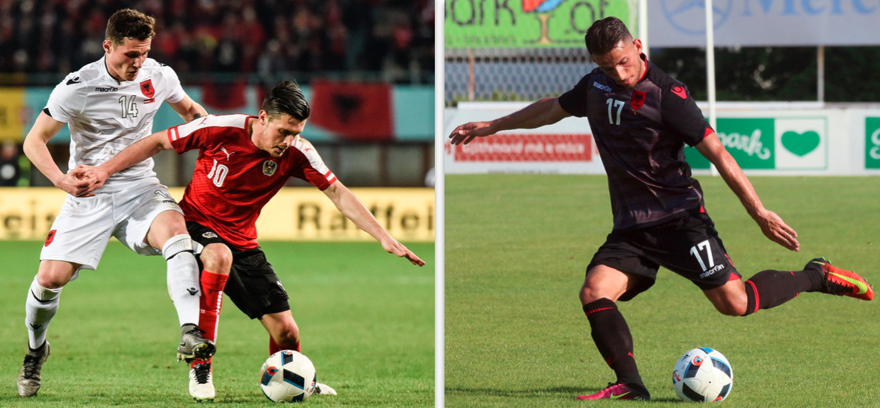 Die Basler bei den Albanern: links Taulant Xhaka im Zweikamf, rechts Naser Aliji.