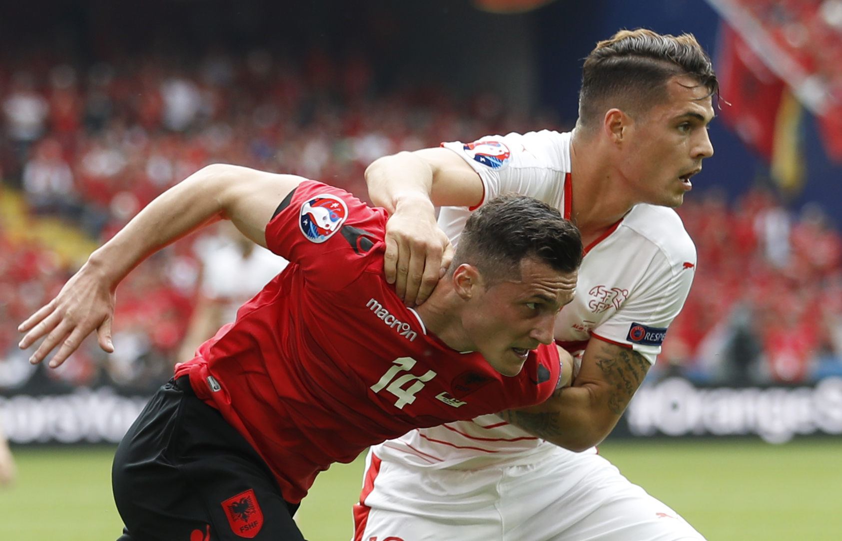 Football Soccer - Albania v Switzerland - EURO 2016 - Group A - Stade Bollaert-Delelis, Lens, France - 11/6/16 Switzerland's Granit Xhaka in action with Albania's Taulant Xhaka REUTERS/Carl Recine Livepic
