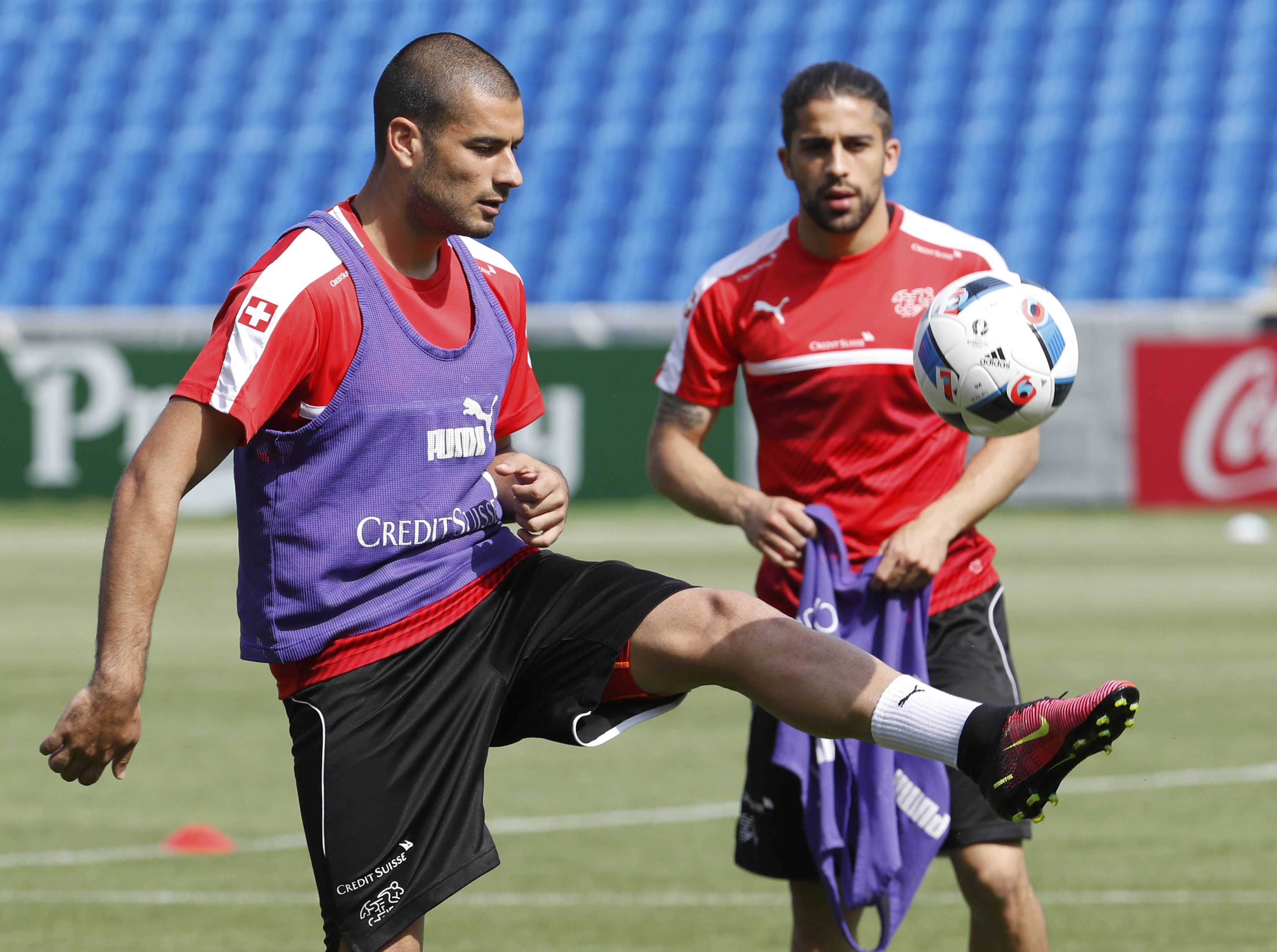 Football Soccer - Euro 2016 - Switzerland Training - Stade de la Mosson, Montpellier, France - 9/6/16 - Switzerland's Eren Derdiyok and Ricardo Rodriguez during training. REUTERS/Yves Herman