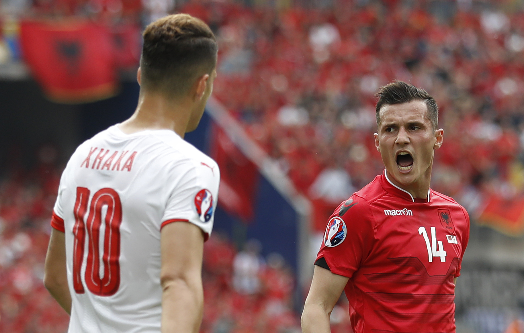 Football Soccer - Albania v Switzerland - EURO 2016 - Group A - Stade Bollaert-Delelis, Lens, France - 11/6/16 Albania's Taulant Xhaka and Switzerland's Granit Xhaka REUTERS/Carl Recine Livepic