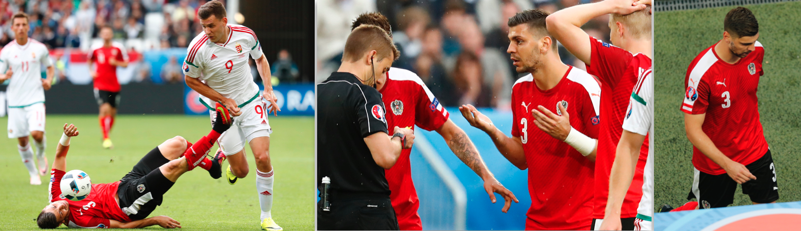 Szenen einer gelbroten Karte: links das Foul, in der Mitte das Unverständnis des Aleksandar Dragovic, rechts dessen Abgang.