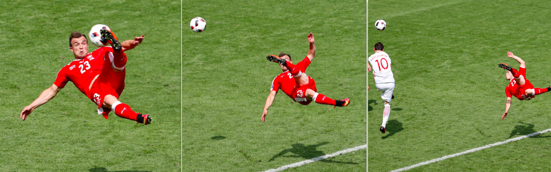 Ein Tor in drei Bildern: Xherdan Shaqiris Fallrückzieher zum 1:1.