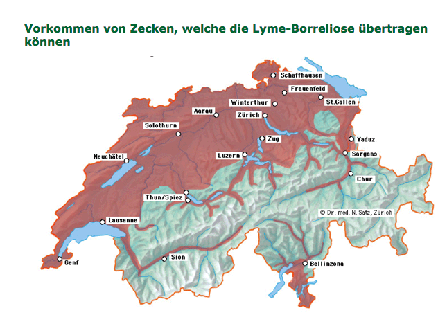 Jede dritte Zecke trägt den Erreger in sich: Risikogebiete für Lyme-Borreliose sind rot eingefärbt.