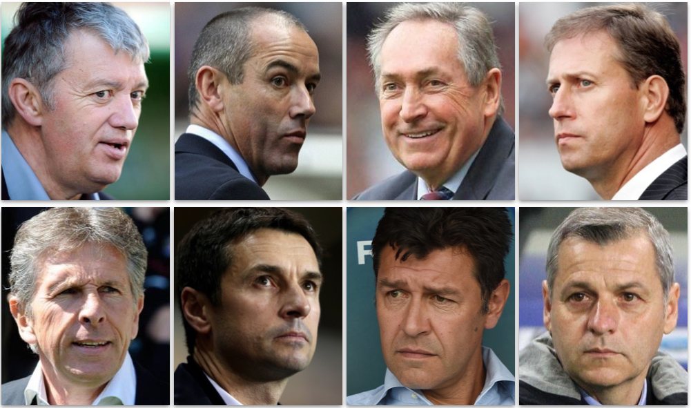 Lyons Trainer seit 2002, obere Reihe von links: Jacques Santini, Paul Le Guen, Gérard Houllier und Alain Perrin, die mit OL Meister wurden. Unter Reihe von links: Claude Puel, Rémi Garde, Hubert Fournier und der aktuelle Trainer Bruno Génésio.