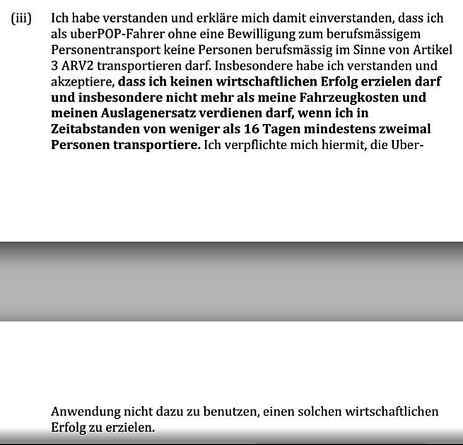 Ausschnitt aus einer Erklärung, die Schweizer UberPop-Fahrer laut Aussagen von Fahrern akzeptieren mussten.
