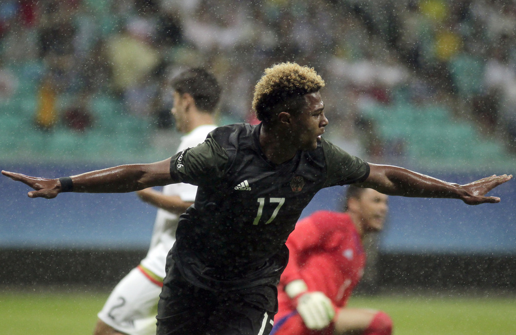 Germany's Serge Gnabry celebrates his goal during a group C match of the men's Olympic football tournament between Mexico and Germany at the Fonte Nova Arena in Salvador, Brazil, Thursday, Aug. 4, 2016. (AP Photo/Arisson Marinho)