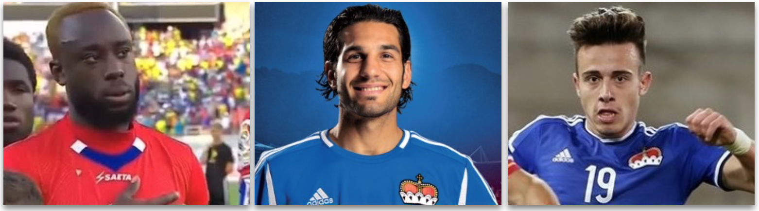 Die Nationalspieler von Rappi: Kim Jaggy für Haiti, Michele Polverino und Dennis Salanovic für Liechtenstein.