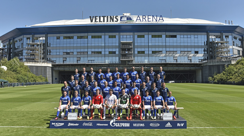 The Bundesliga soccer team of FC Schalke 04 poses for the official team photo for the new season at the Veltins-Arena in Gelsenkirchen, Germany, Wednesday, July 20, 2016. Up from left: Thomas Kuehn, Holger Remmers, Tim Hielscher, Sead Kolasinac, Klaas-Jan Huntelaar, Eric Maxim Choupo-Moting, Leon Goretzka, Naldo, Thomas Morus Scholl, Markus Zetlmeisl, Tobias Hellwig. Second row from left: Jan-Pieter Martens, Lars Laser, Andreas Falarzik, Breel Embolo, Alessandro Schoepf, Franco Di Santo,Thilo Kehrer, Matija Nastasic, Holger Blumenstein, Enrico Heil. Third row from left: Ruwen Faller, Thomas Barth, Simon Henzler, Joshua Bitter, Johannes Geis, Dennis Aogo, Bernard Tekpetey, Kaan Ayhan, Tobias Zellner , Wolfgang Beller, Markus Weinzierl, Down from left: Donis Avdijaj, Max Meyer , Junior Caicara, Alexander Nuebel, Fabian Giefer, Ralf Faehrmann, Timon Wellenreuther, Atsuto Uchida, Sascha Riether, Sidney Sam. (AP Photo/Martin Meissner)