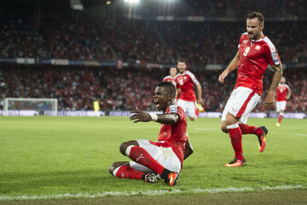 Swiss forward Breel Embolo, celebrate the goal during the 2018 Fifa World Cup Russia group B qualification soccer match between Switzerland and Portugal at the St. Jakob-Park stadium, in Basel, Switzerland, Tuesday, September 6, 2016. (KEYSTONE/Ennio Leanza)