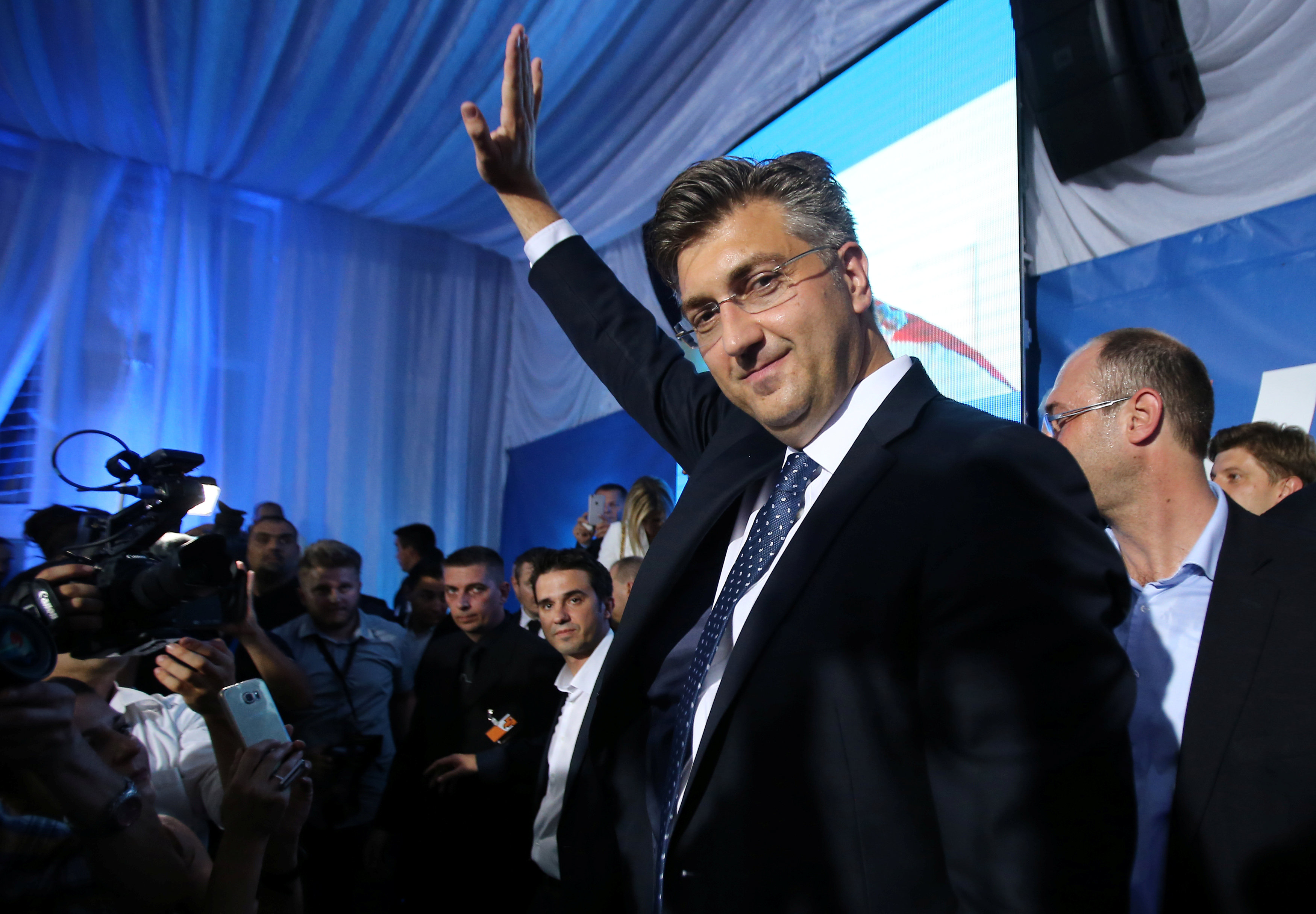 Andrej Plenkovic, president of the Croatian Democratic Union (HDZ), reacts during a speech after exit polls in Zagreb, Croatia, September 11, 2016.