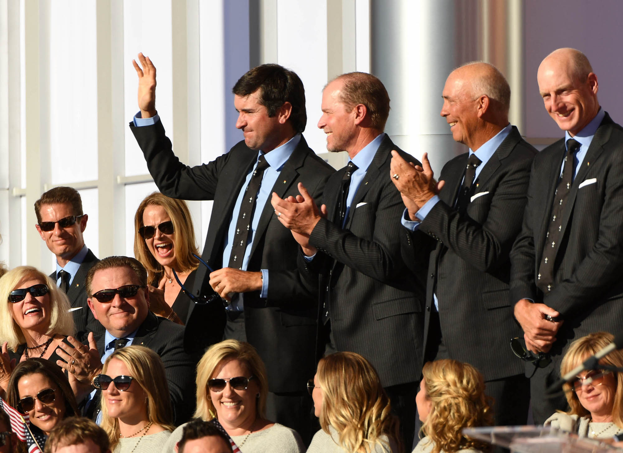 Sep 29, 2016; Chaska, MN, USA; Team USA vice-captain Bubba Watson is introduced during the opening ceremony for the 41st Ryder Cup at Hazeltine National Golf Club. Mandatory Credit: John David Mercer-USA TODAY Sports