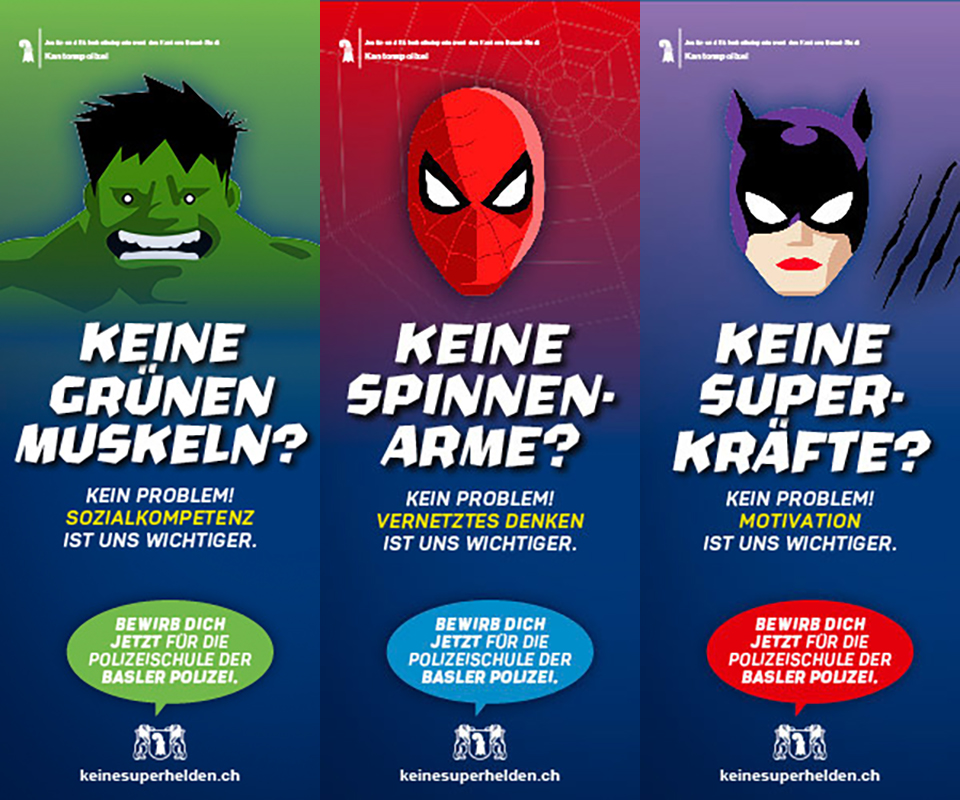 Die Kantonspolizei Basel-Stadt sucht mit diesen Bildern nach neuen Rekruten.