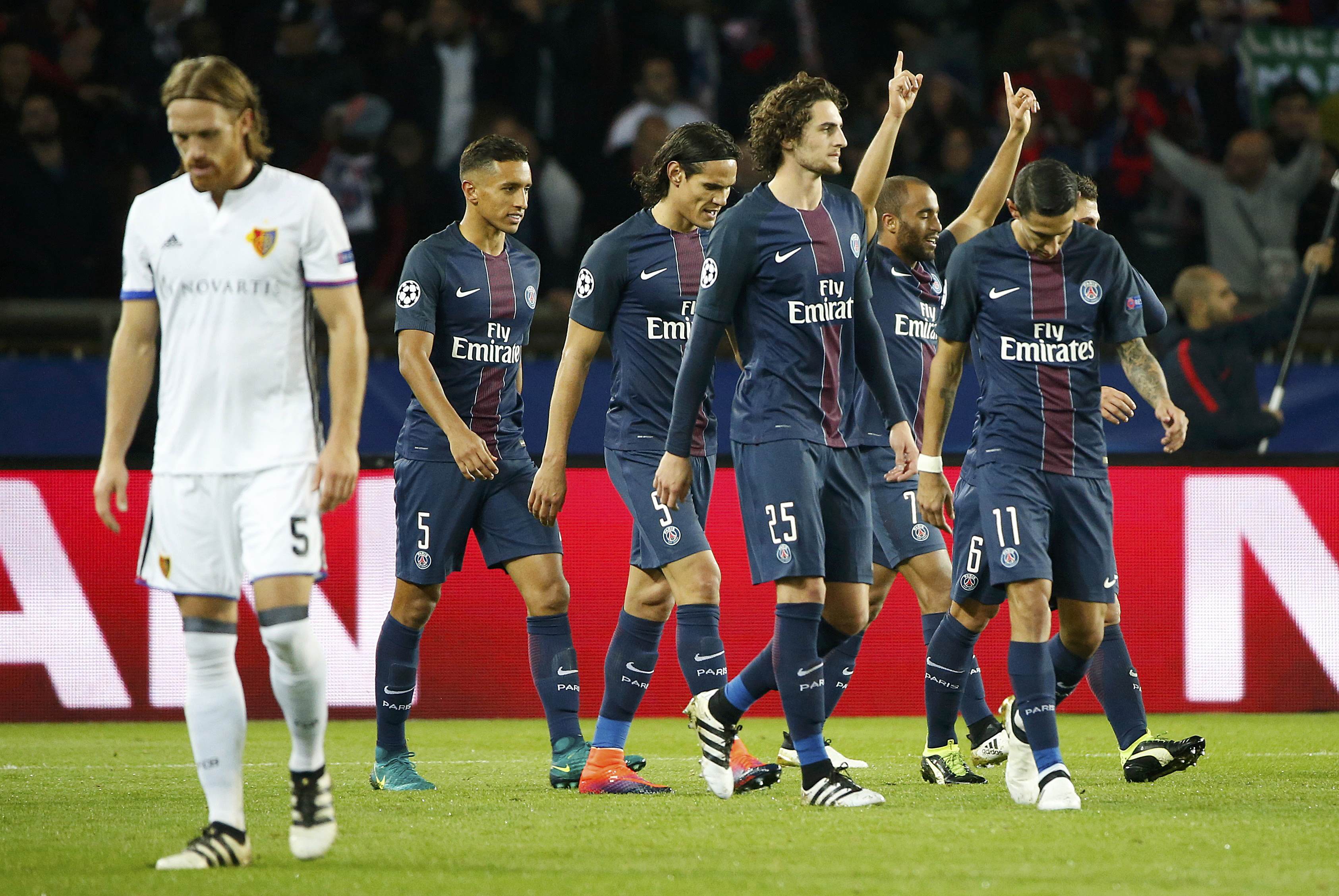 Football Soccer - Paris St Germain v FC Basel - UEFA Champions League Group Stage - Group A - Parc des Princes - Paris,France - 19/10/16. Paris St Germain's Lucas celebrates with team-mates after scoring against FC Basel. REUTERS/Charles Platiau