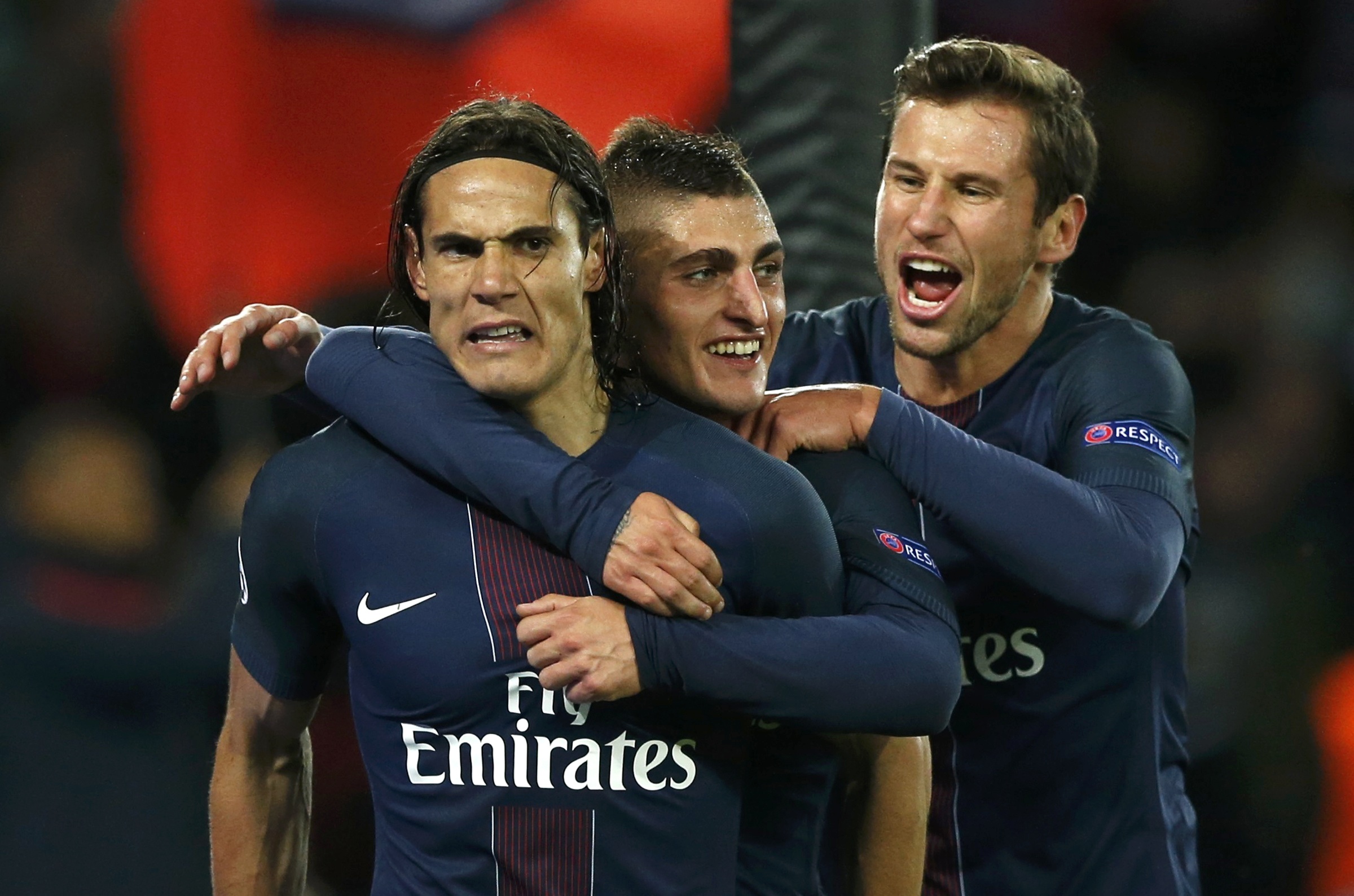 Football Soccer - Paris St Germain v FC Basel - UEFA Champions League Group Stage - Group A - Parc des Princes - Paris,France - 19/10/16. Paris St Germain's Edinson Cavani celebrates with team-mates after scoring against FC Basel. REUTERS/Benoit Tessier