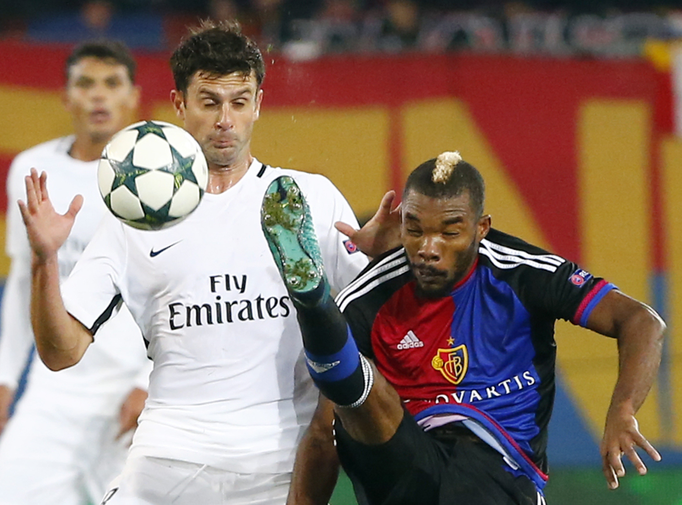 Football Soccer - Basel v Paris St Germain - Champions League group stage - Group A - St. Jakob-Park, Basel, Switzerland - 01/11/16 Basel's Geoffroy Serey Die and Paris St Germain's Thiago Motta in action REUTERS/Arnd Wiegmann