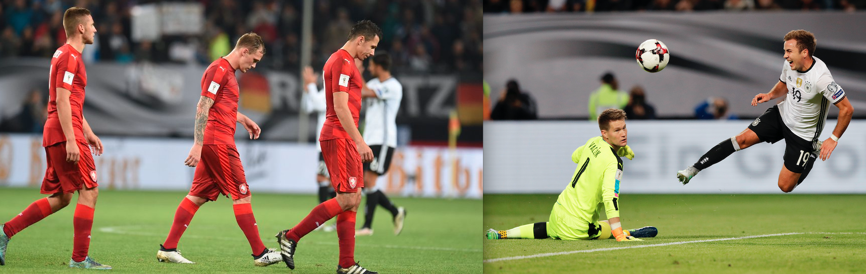 Szenen aus dem Spiel gegen Deutschland: Marek Suchy geht nach dem 0:3 gesenkten Hauptes vom Feld, Tomas Vaclik wehrt sich gegen Mario Götze.