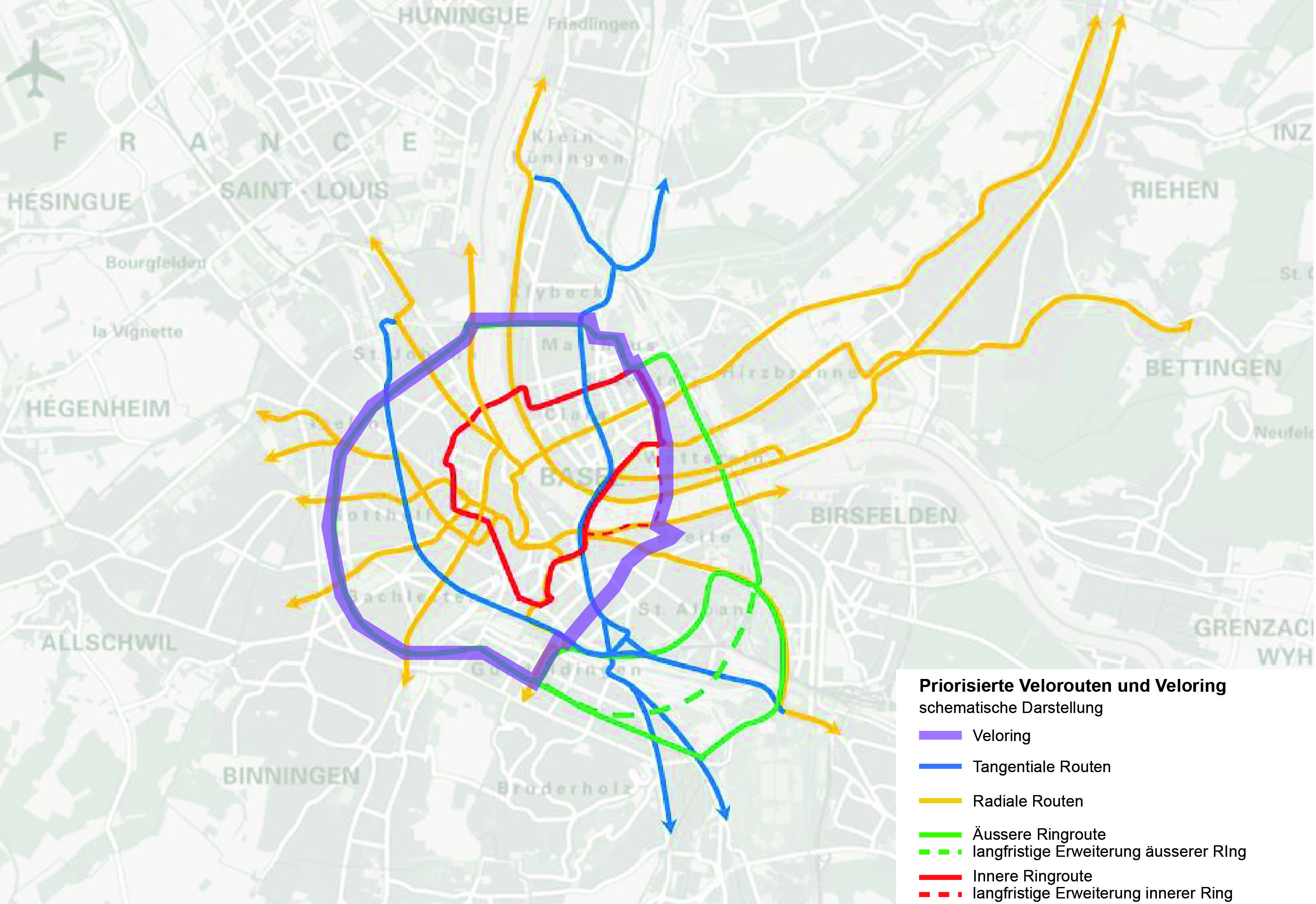 Schematische Darstellung des Velorings und der Velorouten in Basel.