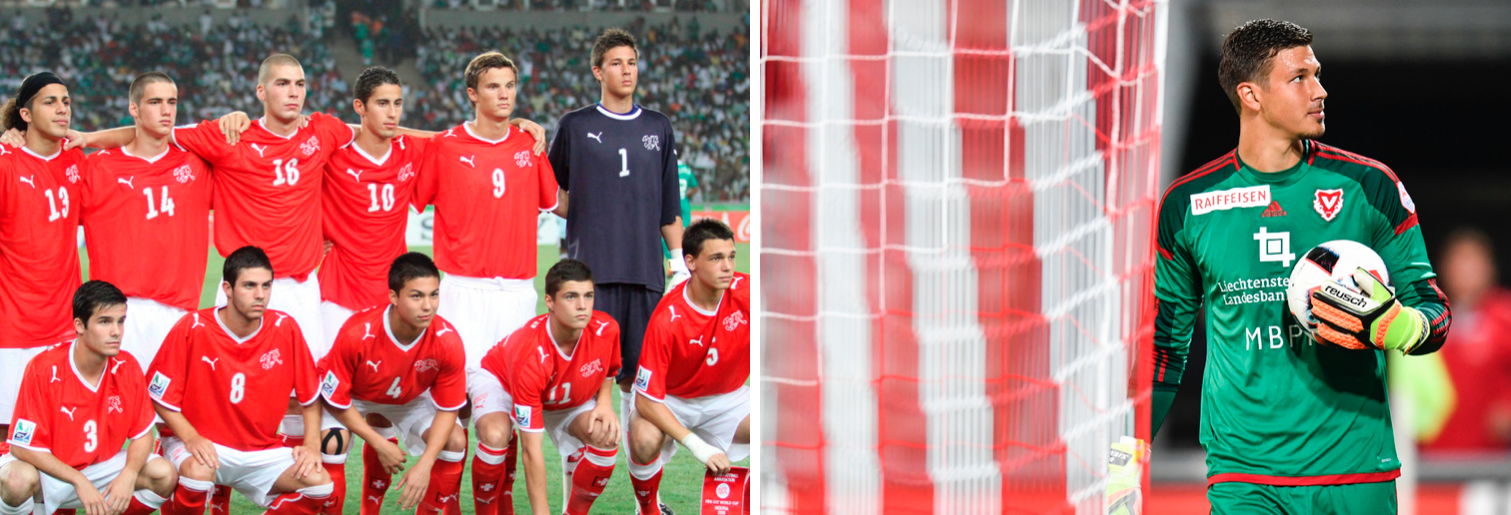 Benjamin Siegrist damals und heute: 2009 als Torhüter der Schweizer U17-Weltmeisterschaft (u.a. mit Granit Xhaka, zweiter von unten rechts) und 2016 im Trikot des FC Vaduz.