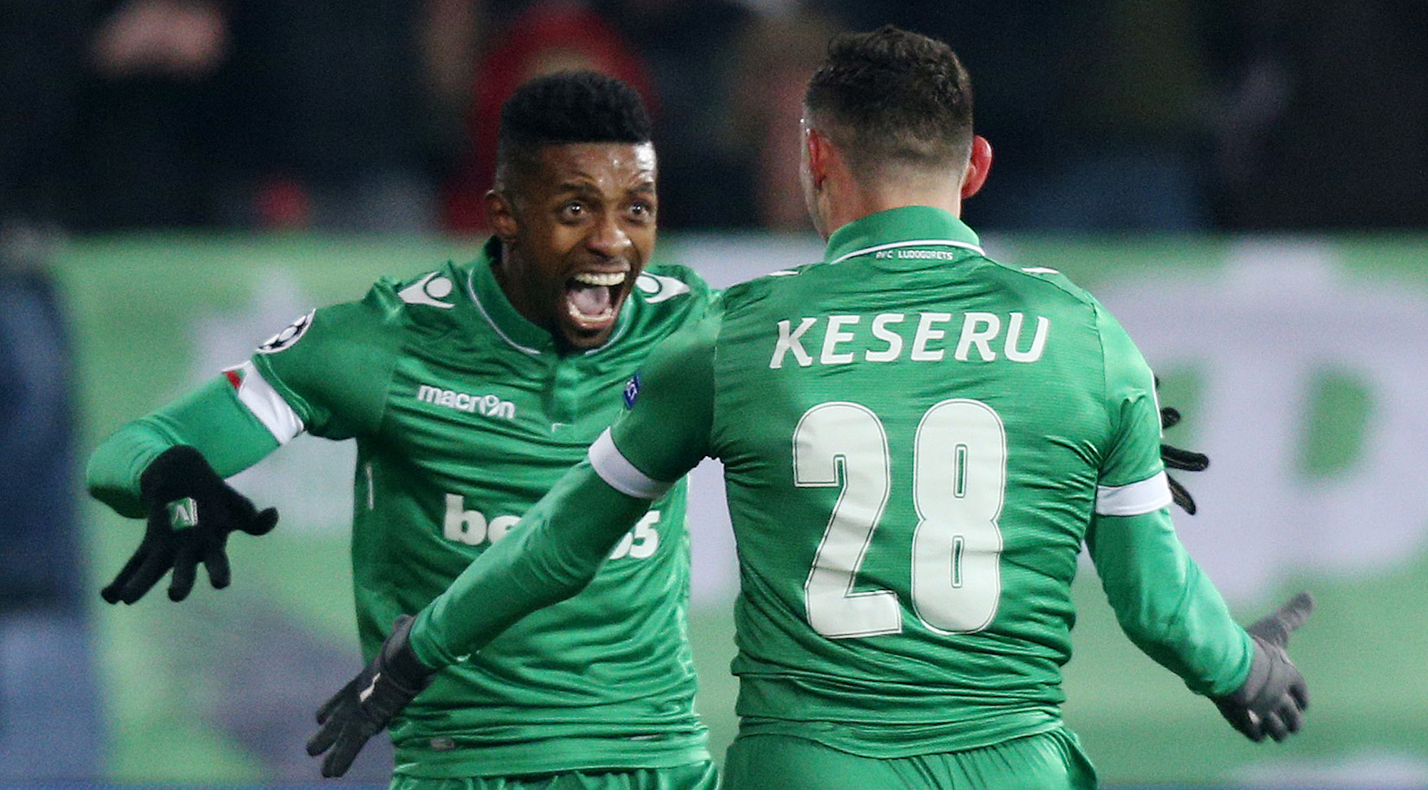 Football Soccer - PFC Ludogorets Razgrad v Arsenal - UEFA Champions League Group Stage - Group A - Vasil Levski National Stadium, Sofia, Bulgaria - 1/11/16 PFC Ludogorets Razgrad's Claudiu Keseru celebrates scoring their second goal with Jonathan Cafu Reuters / Stoyan Nenov Livepic EDITORIAL USE ONLY.