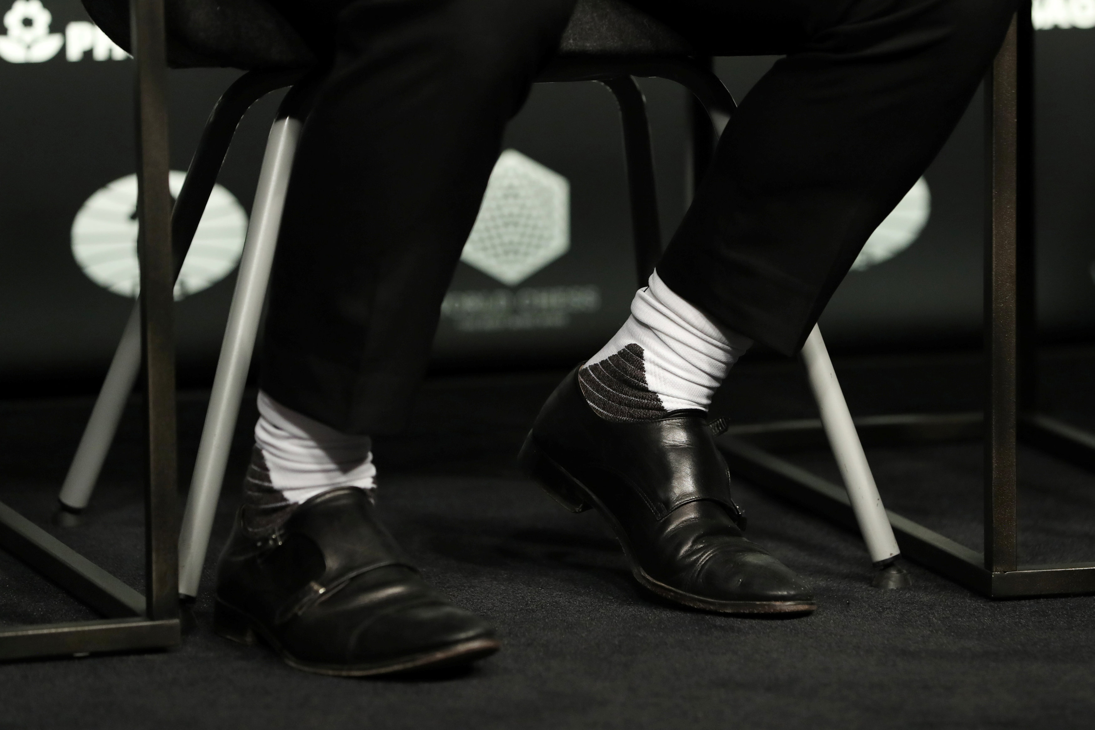 World Chess Champion Magnus Carlsen's socks are seen at a news conference after winning the 2016 World Chess Championship match in New York, U.S., November 30, 2016. REUTERS/Mark Kauzlarich