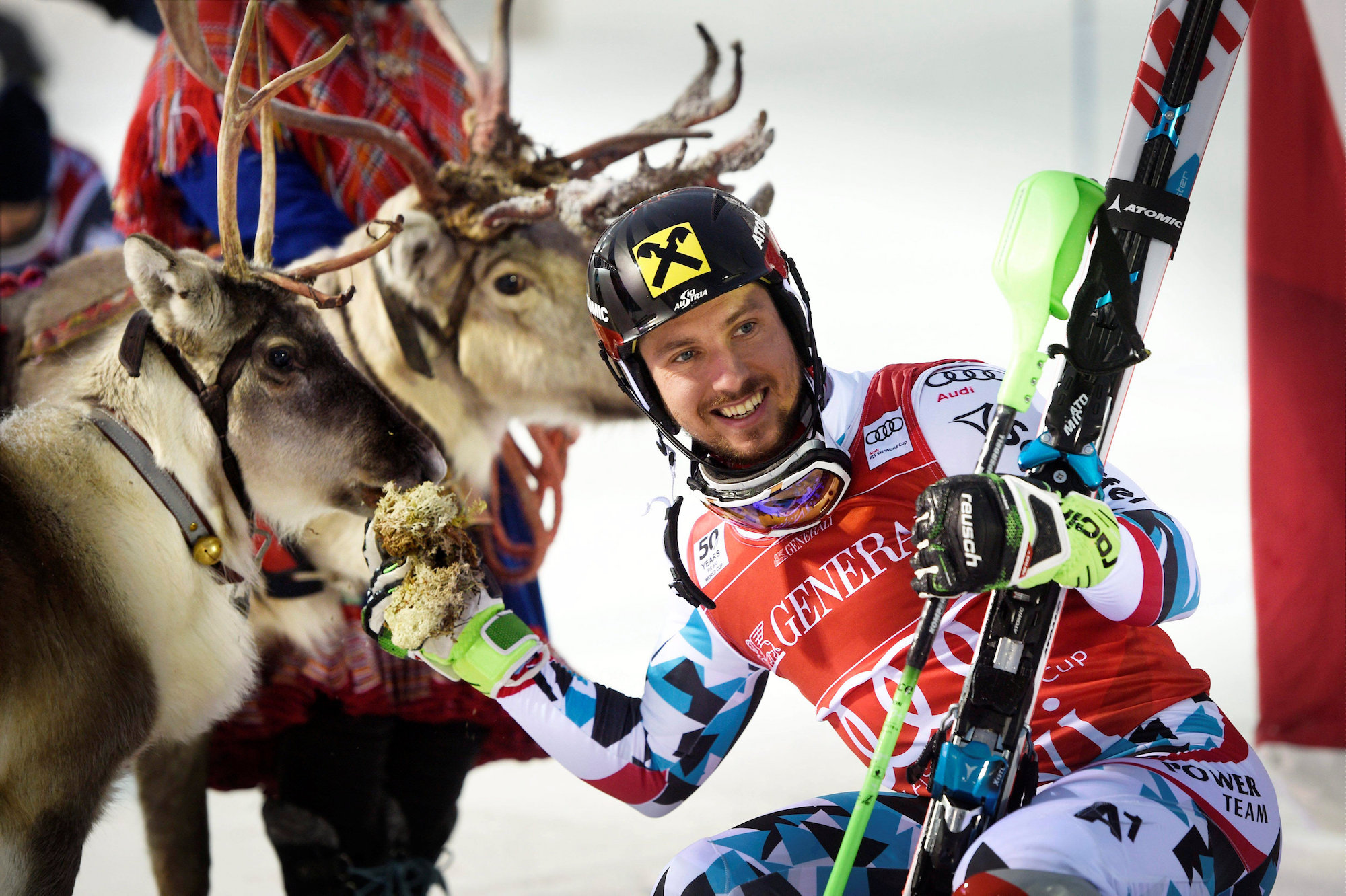 FIS World Cup alpine skiing - Men's slalom - Kittila Finland - 13/11/2016. Winner Marcel Hirscher of Austria poses with his trophy, a reindeer which Hirscher named Leo, after the Men's FIS Alpine Skiing World Cup slalom race LEHTIKUVA/Martti Kainulainen via REUTERS ATTENTION EDITORS - THIS IMAGE WAS PROVIDED BY A THIRD PARTY. FOR EDITORIAL USE ONLY. NOT FOR SALE FOR MARKETING OR ADVERTISING CAMPAIGNS. NO THIRD PARTY SALES. NOT FOR USE BY REUTERS THIRD PARTY DISTRIBUTORS. FINLAND OUT. NO COMMERCIAL OR EDITORIAL SALES IN FINLAND.