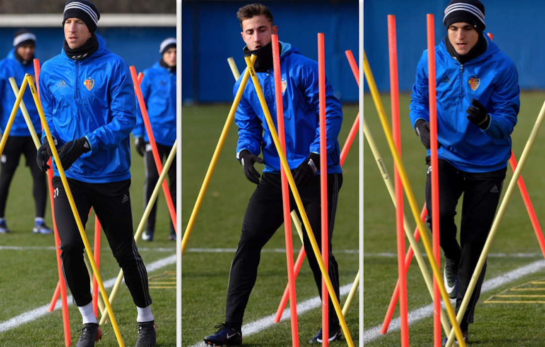 Basler Puzzle vor dem Arsenal-Spiel: Andraz Sporar (Mitte) musste am Montag das Training abbrechen, weshalb einiges für Marc Janko (links) als Sturmspitze spricht. Ebenso wie für Mohamed Elyounoussi (rechts) als offensivem Flügelspieler.